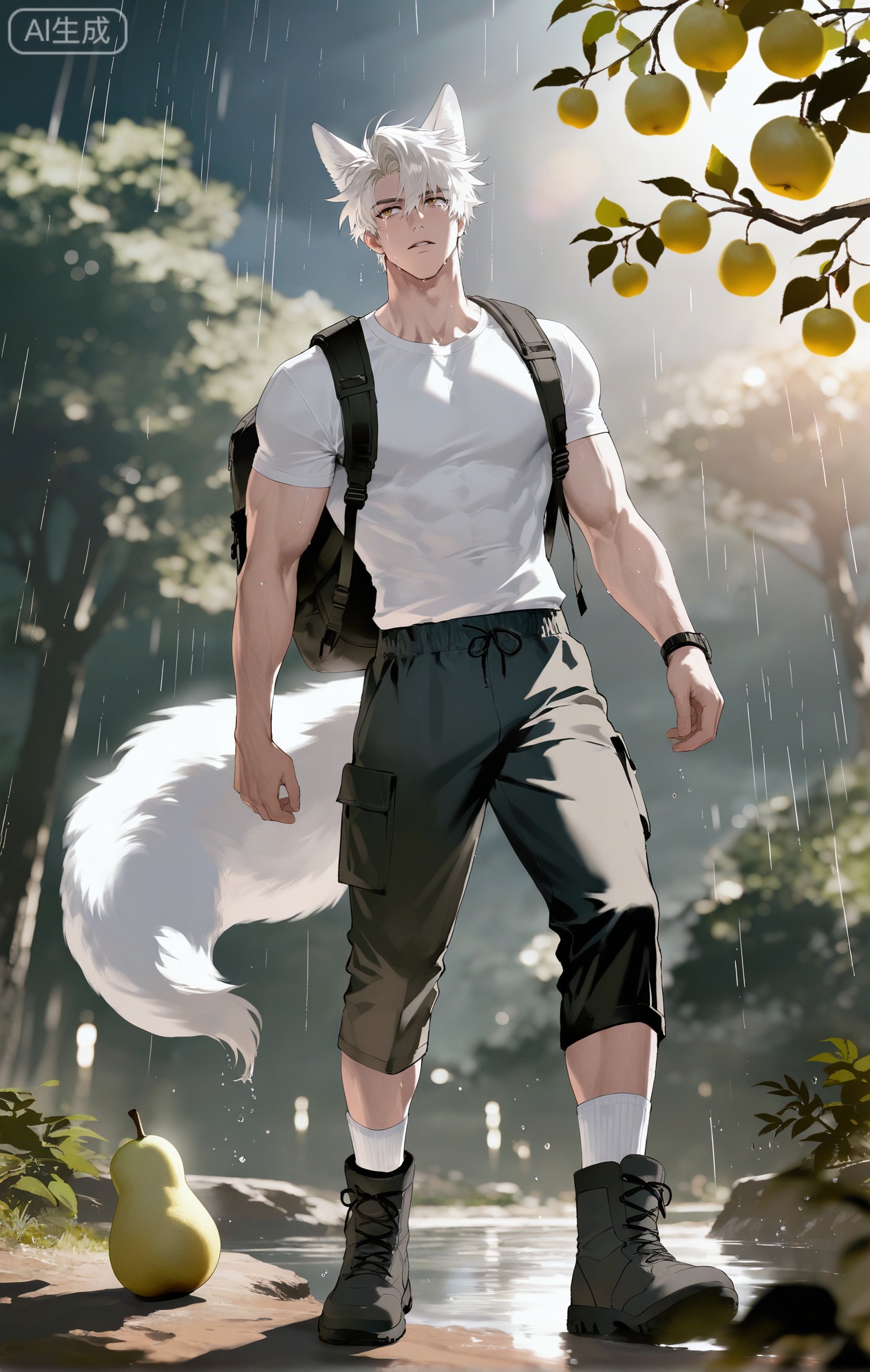(artist:mazjojo:0.83),(artist:pigeon666:0.67),(artist:zawar379:0.77),(artist:remsrar:0.65),(artist:yoneyama mai:0.74),(artist:chimmyming:0.72),masterpiece,4k,hd,HDR,amazing quality,best quality,high resolution,goldenfieldszho,newest,very aesthetic,ultra-detailed,absurdres,perfect lighting,volumetric lighting,(dramatic, cold lighting of a rainy day, sun breaking through clouds),shadowing,(good shadowing),depth of field,scenery,amazing aesthetics,cinematic lighting,cinematic,shading,(good shading),counter shading,subsurface scattering,intricate details,illustration,perfect hands,1boy,handsome,interesting,male focus,bara,sexy,solo,looking up at the sky, taking a deep breath of fresh air,
(a peaceful, content expression:1.5),(rain drops on his cheeks like tears of joy:1.3),
muscular male,abs,large pectorals,sweaty,
wearing (a waterproof jacket, unzipped:1.4), (a simple t-shirt underneath:1.2), (dark cargo pants:1.3), (white ankle socks and hiking boots:1.4),(nine fluffy white fox tails, damp and glistening with rainwater:1.5),
(standing in a muddy garden under a pear tree, holding a fallen pear blossom:1.5),(reaching out to catch a raindrop from a leaf:1.3),
background: garden after rain,pear tree with white blossoms,wet ground,rainbow in the distance,backlit,dynamic pose,dynamic angle,detailed background,full body,bishounen,tall male,close-up,(soft color images:1.4),light particles,lens flare



Small note art style,,xiaozhitiao,yu xuan,multicolored hair,White dragon tail,White dragon horns,yellow eyes,white hair,blonde hair,1boy,bangs
,socks,white socks,dianmei