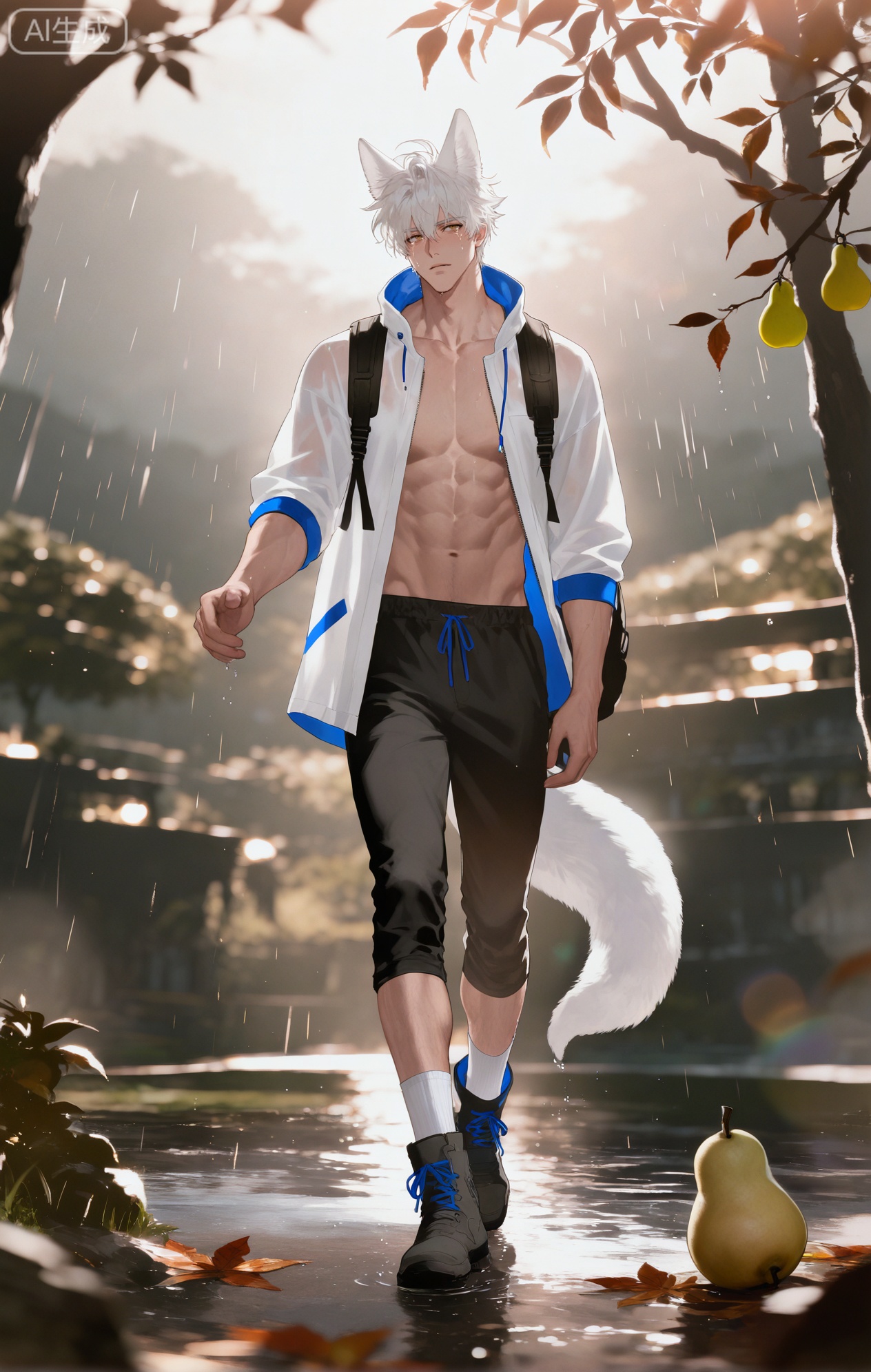 (artist:mazjojo:0.83),(artist:pigeon666:0.67),(artist:zawar379:0.77),(artist:remsrar:0.65),(artist:yoneyama mai:0.74),(artist:chimmyming:0.72),masterpiece,4k,hd,HDR,amazing quality,best quality,high resolution,goldenfieldszho,newest,very aesthetic,ultra-detailed,absurdres,perfect lighting,volumetric lighting,(dramatic, cold lighting of a rainy day, sun breaking through clouds),shadowing,(good shadowing),depth of field,scenery,amazing aesthetics,cinematic lighting,cinematic,shading,(good shading),counter shading,subsurface scattering,intricate details,illustration,perfect hands,1boy,handsome,interesting,male focus,bara,sexy,solo,looking up at the sky, taking a deep breath of fresh air,
(a peaceful, content expression:1.5),(rain drops on his cheeks like tears of joy:1.3),
muscular male,abs,large pectorals,sweaty,
wearing (a waterproof jacket, unzipped:1.4), (a simple t-shirt underneath:1.2), (dark cargo pants:1.3), (white ankle socks and hiking boots:1.4),(nine fluffy white fox tails, damp and glistening with rainwater:1.5),
(standing in a muddy garden under a pear tree, holding a fallen pear blossom:1.5),(reaching out to catch a raindrop from a leaf:1.3),
background: garden after rain,pear tree with white blossoms,wet ground,rainbow in the distance,backlit,dynamic pose,dynamic angle,detailed background,full body,bishounen,tall male,close-up,(soft color images:1.4),light particles,lens flare



Small note art style,,xiaozhitiao,yu xuan,multicolored hair,White dragon tail,White dragon horns,yellow eyes,white hair,blonde hair,1boy,bangs
,socks,white socks,dianmei