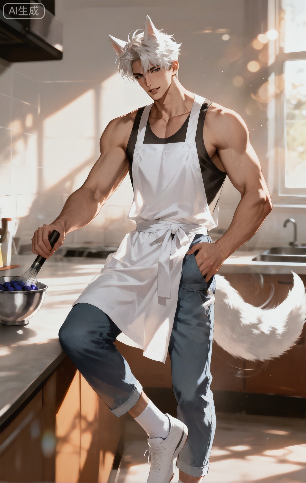 (artist:mazjojo:0.83),(artist:pigeon666:0.67),(artist:zawar379:0.77),(artist:remsrar:0.65),(artist:yoneyama mai:0.74),(artist:chimmyming:0.72),masterpiece,4k,hd,HDR,amazing quality,best quality,high resolution,goldenfieldszho,newest,very aesthetic,ultra-detailed,absurdres,perfect lighting,volumetric lighting,(bright, clean lighting of a modern kitchen),shadowing,(good shadowing),depth of field,scenery,amazing aesthetics,cinematic lighting,cinematic,shading,(good shading),counter shading,subsurface scattering,intricate details,illustration,perfect hands,1boy,handsome,interesting,male focus,bara,sexy,solo,laughing, with a smudge of flour on his nose,
(a playful, happy expression:1.5),(a light blush of exertion:1.2),
muscular male,abs,large pectorals,sweaty,
wearing (a short, frilly white apron tied around his waist:1.5), (a grey **** top:1.3), (jeans:1.2), (white ankle socks:1.4),(nine fluffy white fox tails, wagging playfully:1.5),
(standing at a kitchen counter, whisking cream in a bowl:1.4),(a half-finished blueberry cake on the counter, with bowls of strawberries and blueberries nearby:1.3),
background: modern kitchen,baking ingredients,sunlight from window,backlit,dynamic pose,dynamic angle,detailed background,full body,bishounen,tall male,close-up,(soft color images:1.4),light particles,lens flare



Small note art style,,xiaozhitiao,yu xuan,multicolored hair,White dragon tail,White dragon horns,yellow eyes,white hair,blonde hair,1boy,bangs
,socks,white socks,dianmei