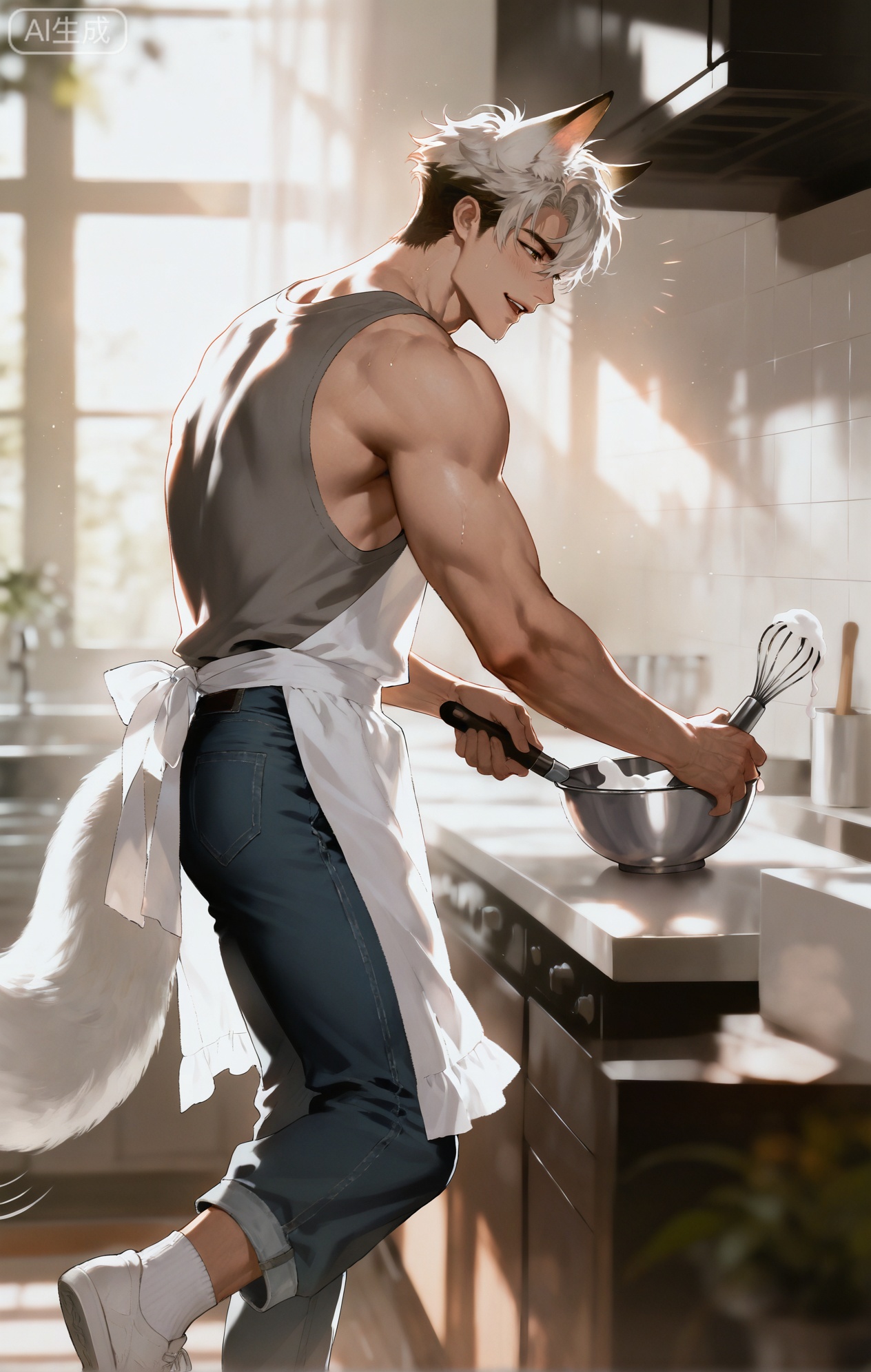 (artist:mazjojo:0.83),(artist:pigeon666:0.67),(artist:zawar379:0.77),(artist:remsrar:0.65),(artist:yoneyama mai:0.74),(artist:chimmyming:0.72),masterpiece,4k,hd,HDR,amazing quality,best quality,high resolution,goldenfieldszho,newest,very aesthetic,ultra-detailed,absurdres,perfect lighting,volumetric lighting,(bright, clean lighting of a modern kitchen),shadowing,(good shadowing),depth of field,scenery,amazing aesthetics,cinematic lighting,cinematic,shading,(good shading),counter shading,subsurface scattering,intricate details,illustration,perfect hands,1boy,handsome,interesting,male focus,bara,sexy,solo,laughing, with a smudge of flour on his nose,
(a playful, happy expression:1.5),(a light blush of exertion:1.2),
muscular male,abs,large pectorals,sweaty,
wearing (a short, frilly white apron tied around his waist:1.5), (a grey **** top:1.3), (jeans:1.2), (white ankle socks:1.4),(nine fluffy white fox tails, wagging playfully:1.5),
(standing at a kitchen counter, whisking cream in a bowl:1.4),(a half-finished blueberry cake on the counter, with bowls of strawberries and blueberries nearby:1.3),
background: modern kitchen,baking ingredients,sunlight from window,backlit,dynamic pose,dynamic angle,detailed background,full body,bishounen,tall male,close-up,(soft color images:1.4),light particles,lens flare



Small note art style,,xiaozhitiao,yu xuan,multicolored hair,White dragon tail,White dragon horns,yellow eyes,white hair,blonde hair,1boy,bangs
,socks,white socks,dianmei