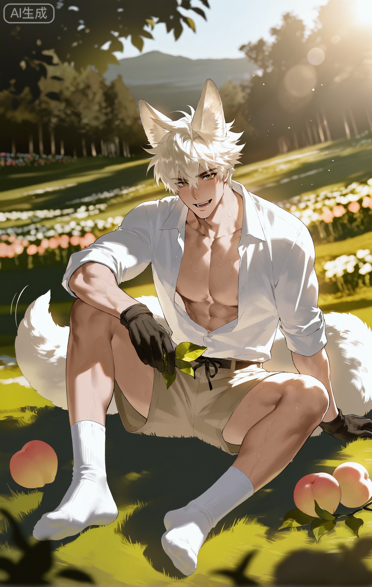 (artist:mazjojo:0.83),(artist:pigeon666:0.67),(artist:zawar379:0.77),(artist:remsrar:0.65),(artist:yoneyama mai:0.74),(artist:chimmyming:0.72),masterpiece,4k,hd,HDR,amazing quality,best quality,high resolution,goldenfieldszho,newest,very aesthetic,ultra-detailed,absurdres,perfect lighting,volumetric lighting,(soft afternoon sunlight filtering through peach trees),shadowing,(good shadowing),depth of field,scenery,amazing aesthetics,cinematic lighting,cinematic,shading,(good shading),counter shading,subsurface scattering,intricate details,illustration,perfect hands,1boy,handsome,interesting,male focus,bara,sexy,solo,looking at viewer with a gentle smile,
(light blush from the sun:1.3),(laughing softly:1.2),
muscular male,abs,large pectorals,sweaty,
wearing (a loose, white linen shirt, partially unbuttoned:1.4), (khaki shorts:1.3), (gardening gloves:1.2), (white ankle socks:1.4),(nine fluffy white fox tails, wagging slightly:1.5),
(sitting on the grass in an orchard, holding a freshly picked ripe peach:1.5),(offering the peach to the viewer:1.3),
background: peach orchard,fallen leaves,baskets of peaches,backlit,dynamic pose,dynamic angle,detailed background,full body,bishounen,tall male,close-up,(soft color images:1.4),light particles,lens flare



Small note art style,,xiaozhitiao,yu xuan,multicolored hair,White dragon tail,White dragon horns,yellow eyes,white hair,blonde hair,1boy,bangs
,socks,white socks,dianmei