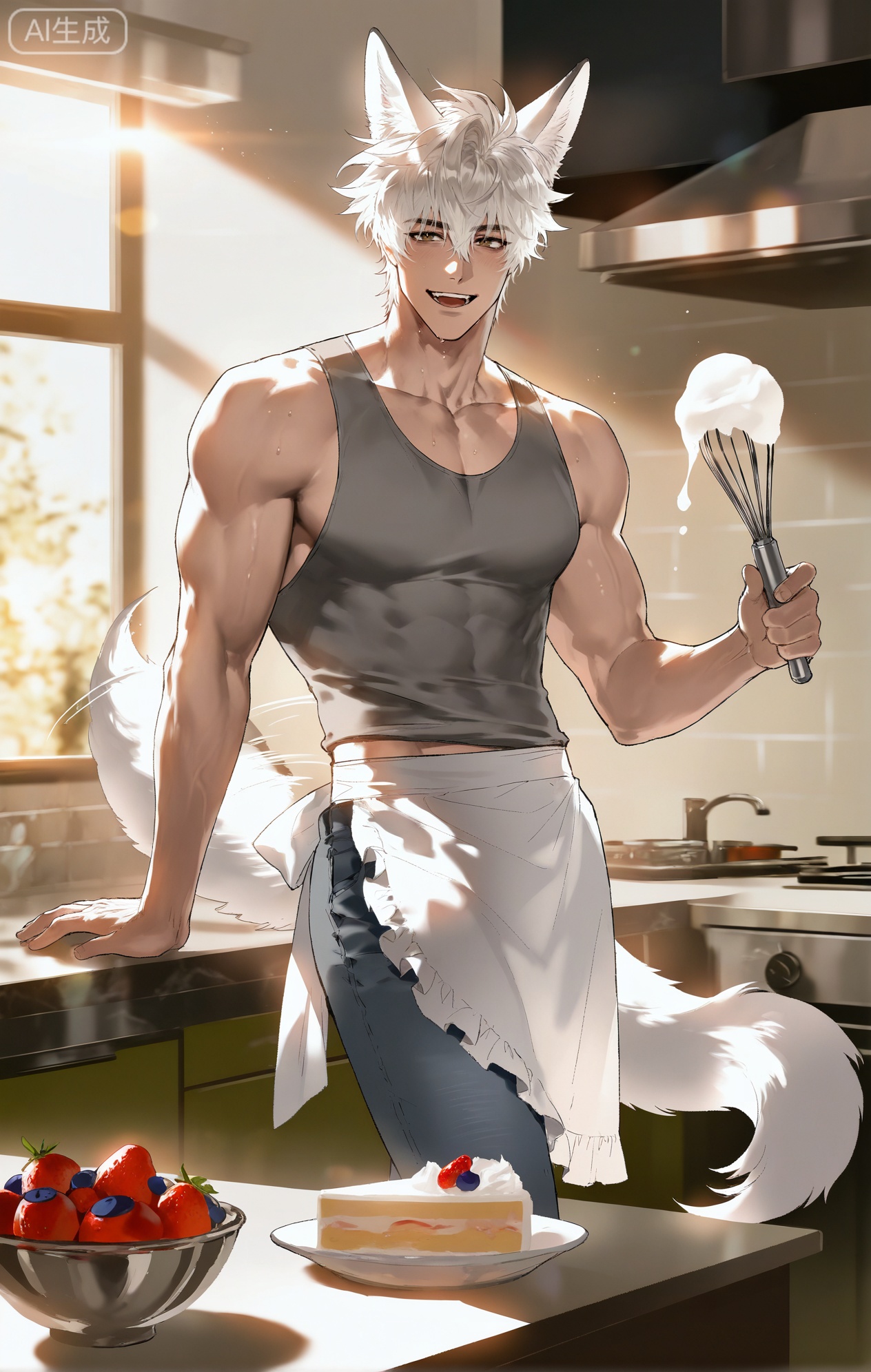(artist:mazjojo:0.83),(artist:pigeon666:0.67),(artist:zawar379:0.77),(artist:remsrar:0.65),(artist:yoneyama mai:0.74),(artist:chimmyming:0.72),masterpiece,4k,hd,HDR,amazing quality,best quality,high resolution,goldenfieldszho,newest,very aesthetic,ultra-detailed,absurdres,perfect lighting,volumetric lighting,(bright, clean lighting of a modern kitchen),shadowing,(good shadowing),depth of field,scenery,amazing aesthetics,cinematic lighting,cinematic,shading,(good shading),counter shading,subsurface scattering,intricate details,illustration,perfect hands,1boy,handsome,interesting,male focus,bara,sexy,solo,laughing, with a smudge of flour on his nose,
(a playful, happy expression:1.5),(a light blush of exertion:1.2),
muscular male,abs,large pectorals,sweaty,
wearing (a short, frilly white apron tied around his waist:1.5), (a grey **** top:1.3), (jeans:1.2), (white ankle socks:1.4),(nine fluffy white fox tails, wagging playfully:1.5),
(standing at a kitchen counter, whisking cream in a bowl:1.4),(a half-finished blueberry cake on the counter, with bowls of strawberries and blueberries nearby:1.3),
background: modern kitchen,baking ingredients,sunlight from window,backlit,dynamic pose,dynamic angle,detailed background,full body,bishounen,tall male,close-up,(soft color images:1.4),light particles,lens flare



Small note art style,,xiaozhitiao,yu xuan,multicolored hair,White dragon tail,White dragon horns,yellow eyes,white hair,blonde hair,1boy,bangs
,socks,white socks,dianmei