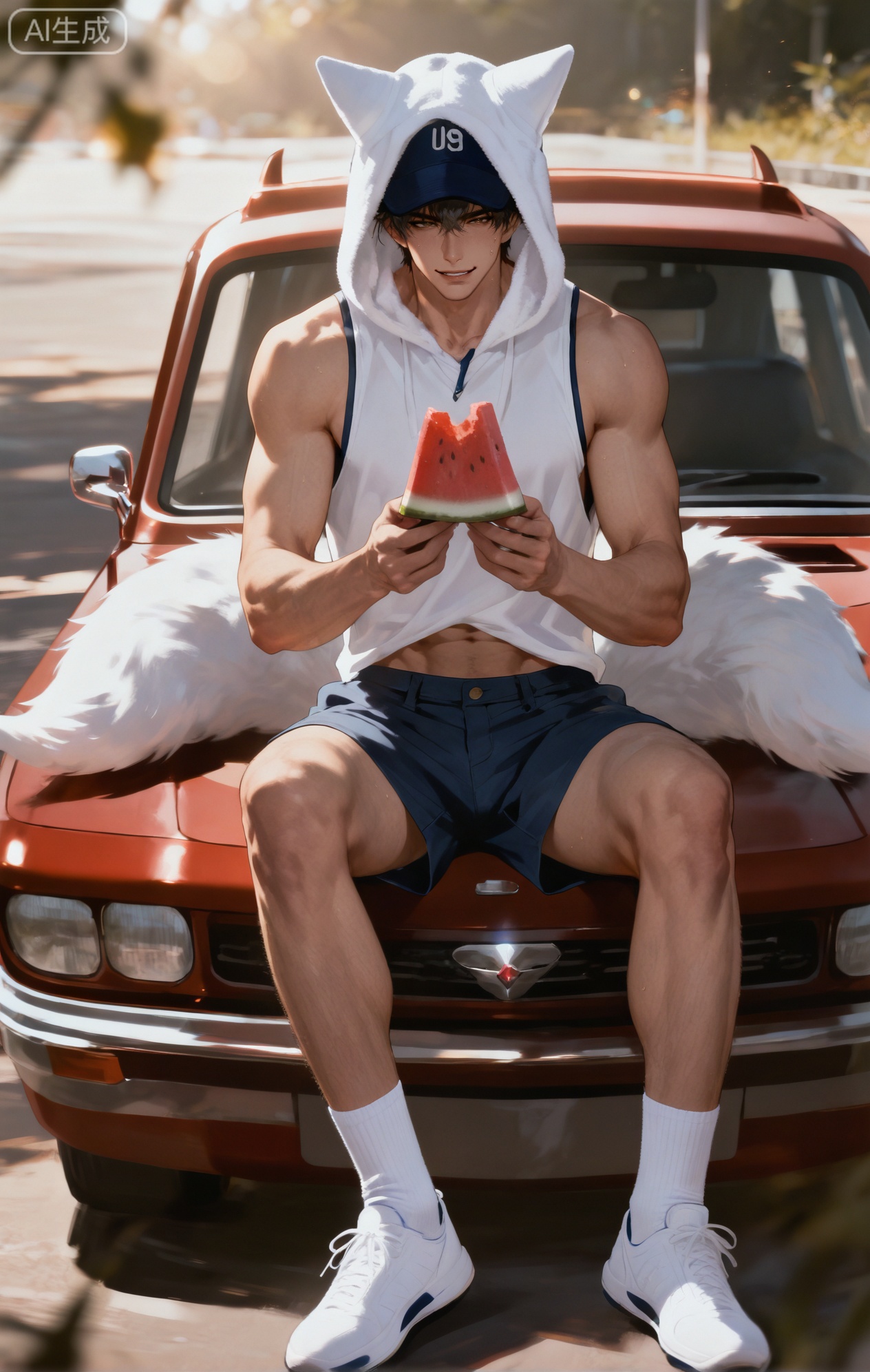 (artist:mazjojo:0.83),(artist:pigeon666:0.67),(artist:zawar379:0.77),(artist:remsrar:0.65),(artist:yoneyama mai:0.74),(artist:chimmyming:0.72),masterpiece,4k,hd,HDR,amazing quality,best quality,high resolution,goldenfieldszho,newest,very aesthetic,ultra-detailed,absurdres,perfect lighting,volumetric lighting,(bright, harsh sunlight of a summer day),shadowing,(good shadowing),depth of field,scenery,amazing aesthetics,cinematic lighting,cinematic,shading,(good shading),counter shading,subsurface scattering,intricate details,illustration,perfect hands,1boy,handsome,interesting,male focus,bara,sexy,solo,wiping sweat from his brow with his arm,
(a bright, energetic smile:1.4),(squinting slightly against the sun:1.2),
muscular male,abs,large pectorals,sweaty,
wearing (a white **** top:1.3), (denim shorts:1.4), (white ankle socks:1.4),(a baseball cap worn backwards:1.2),(nine fluffy white fox tails, spread out on the car hood:1.5),
(sitting on the hood of a vintage red car, holding a slice of watermelon:1.5),(taking a big bite of the watermelon:1.3),
background: a country road,sunflower field in the distance,backlit,dynamic pose,dynamic angle,detailed background,full body,bishounen,tall male,close-up,(soft color images:1.4),light particles,lens flare



Small note art style,,xiaozhitiao,yu xuan,multicolored hair,White dragon tail,White dragon horns,yellow eyes,white hair,blonde hair,1boy,bangs
,socks,white socks,dianmei