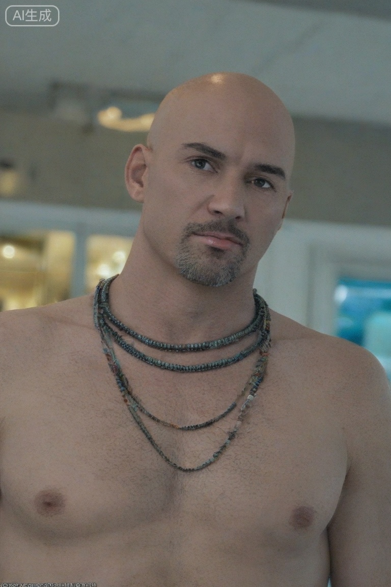 质量词: masterpiece, best quality, amazing quality, very aesthetic, absurdres, highres, newest,
画面风格:3D, blurry background, simple background,science fiction,
人物: 1man, solo, 
人物特征: portrait, beard, bald, 
事件: looking at viewer,