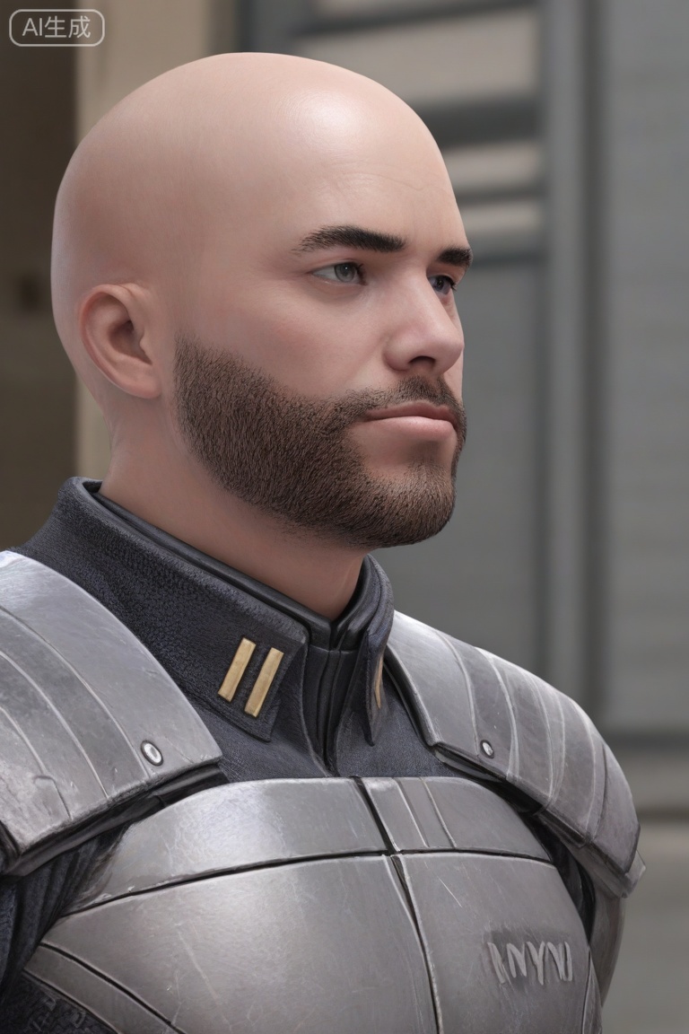 质量词: masterpiece, best quality, amazing quality, very aesthetic, absurdres, highres, newest,
画面风格:3D, blurry background, simple background,science fiction,
人物: 1man, solo, 
人物特征: portrait, beard, bald, 
事件: looking at viewer,