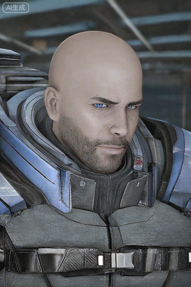 质量词: masterpiece, best quality, amazing quality, very aesthetic, absurdres, highres, newest,
画面风格:3D, blurry background, simple background,science fiction,
人物: 1man, solo, 
人物特征: portrait, beard, bald, 
事件: looking at viewer,