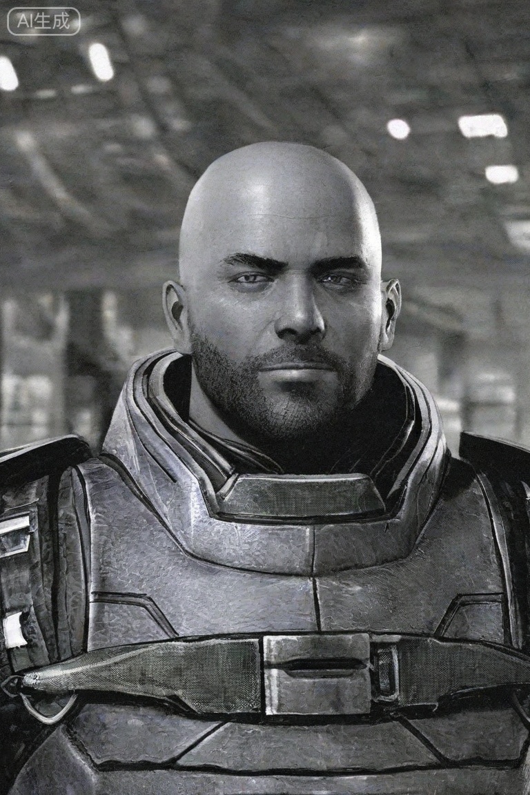 质量词: masterpiece, best quality, amazing quality, very aesthetic, absurdres, highres, newest,
画面风格:3D, blurry background, simple background,science fiction,
人物: 1man, solo, 
人物特征: portrait, beard, bald, 
事件: looking at viewer,