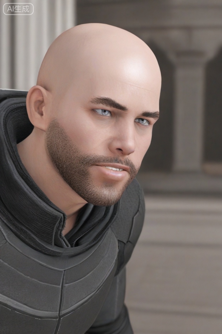 质量词: masterpiece, best quality, amazing quality, very aesthetic, absurdres, highres, newest,
画面风格:3D, blurry background, simple background,science fiction,
人物: 1man, solo, 
人物特征: portrait, beard, bald, 
事件: looking at viewer,