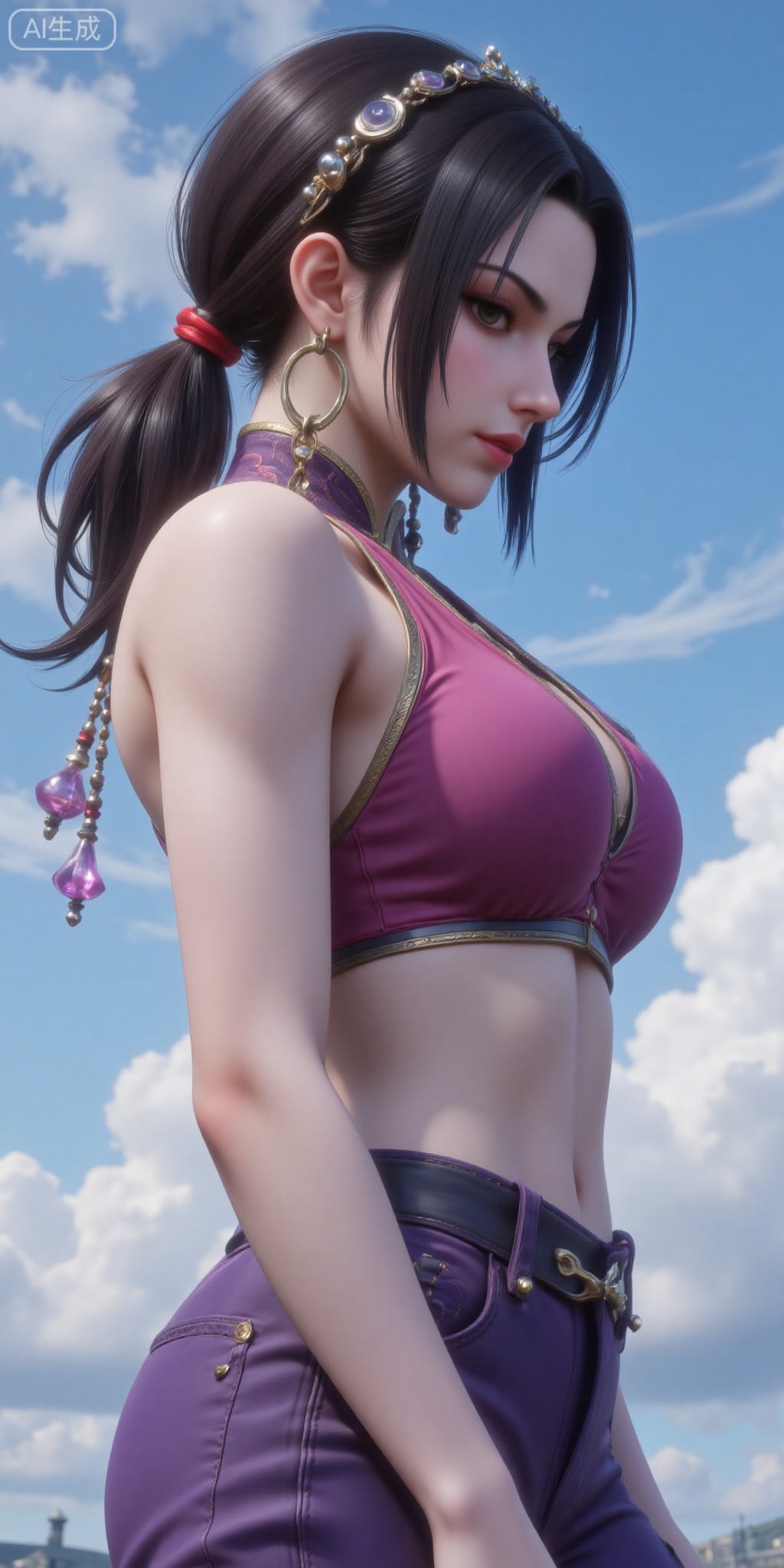 1girl, solo, breasts, black hair, hair ornament, bare shoulders, jewelry, medium breasts, earrings, sky, sleeveless, day, pants, cloud, blue sky, halterneck, fighting stance, baggy pants