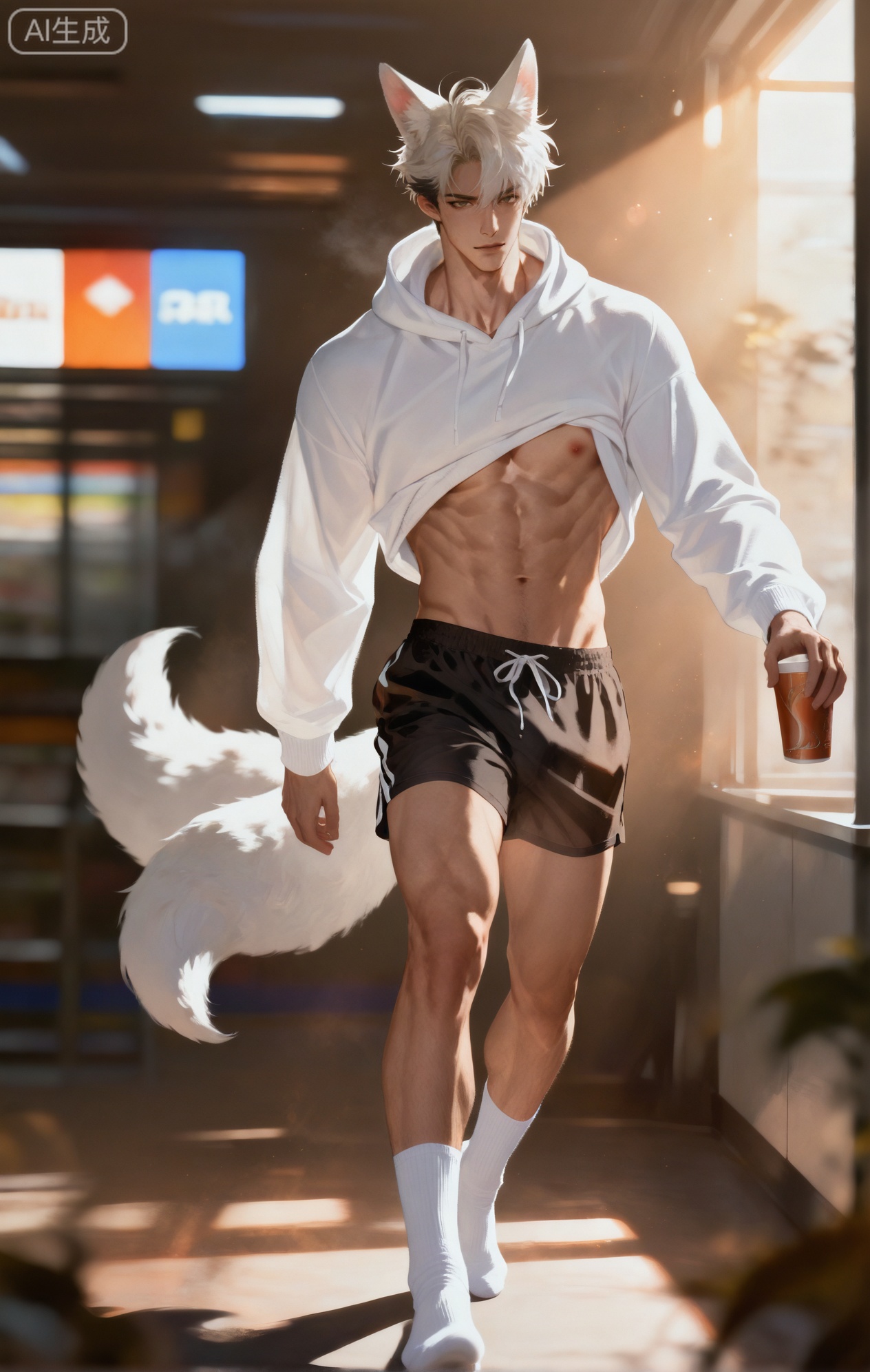 (artist:mazjojo:0.83),(artist:pigeon666:0.67),(artist:zawar379:0.77),(artist:remsrar:0.65),(artist:yoneyama mai:0.74),(artist:chimmyming:0.72),masterpiece,4k,hd,HDR,amazing quality,best quality,high resolution,goldenfieldszho,newest,very aesthetic,ultra-detailed,absurdres,perfect lighting,volumetric lighting,(harsh, fluorescent lighting of a convenience store),shadowing,(good shadowing),depth of field,scenery,amazing aesthetics,cinematic lighting,cinematic,shading,(good shading),counter shading,subsurface scattering,intricate details,illustration,perfect hands,1boy,handsome,interesting,male focus,bara,sexy,solo,looking over his shoulder,
(a tired but charming smile:1.3),(holding a cup of instant noodles:1.2),
muscular male,abs,large pectorals,sweaty,
wearing (an oversized, thin, white hoodie, with the zipper halfway down revealing his chest and abs:1.5),(a pair of black basketball shorts:1.3),(the waistband of his boxer briefs peeking out:1.4),(bulge:1.2),(nine fluffy white fox tails, peeking out from under the hoodie:1.5),
(standing in an aisle, choosing a drink from the refrigerated section:1.4),(the cold air making his nipples hard under the thin fabric:1.3),
background: convenience store at night,rows of shelves,glowing drink coolers,backlit,dynamic pose,dynamic angle,detailed background,full body,bishounen,tall male,close-up,(dark theme:1.0),light particles,lens flare



Small note art style,,xiaozhitiao,yu xuan,multicolored hair,White dragon tail,White dragon horns,yellow eyes,white hair,blonde hair,1boy,bangs
,socks,white socks,dianmei