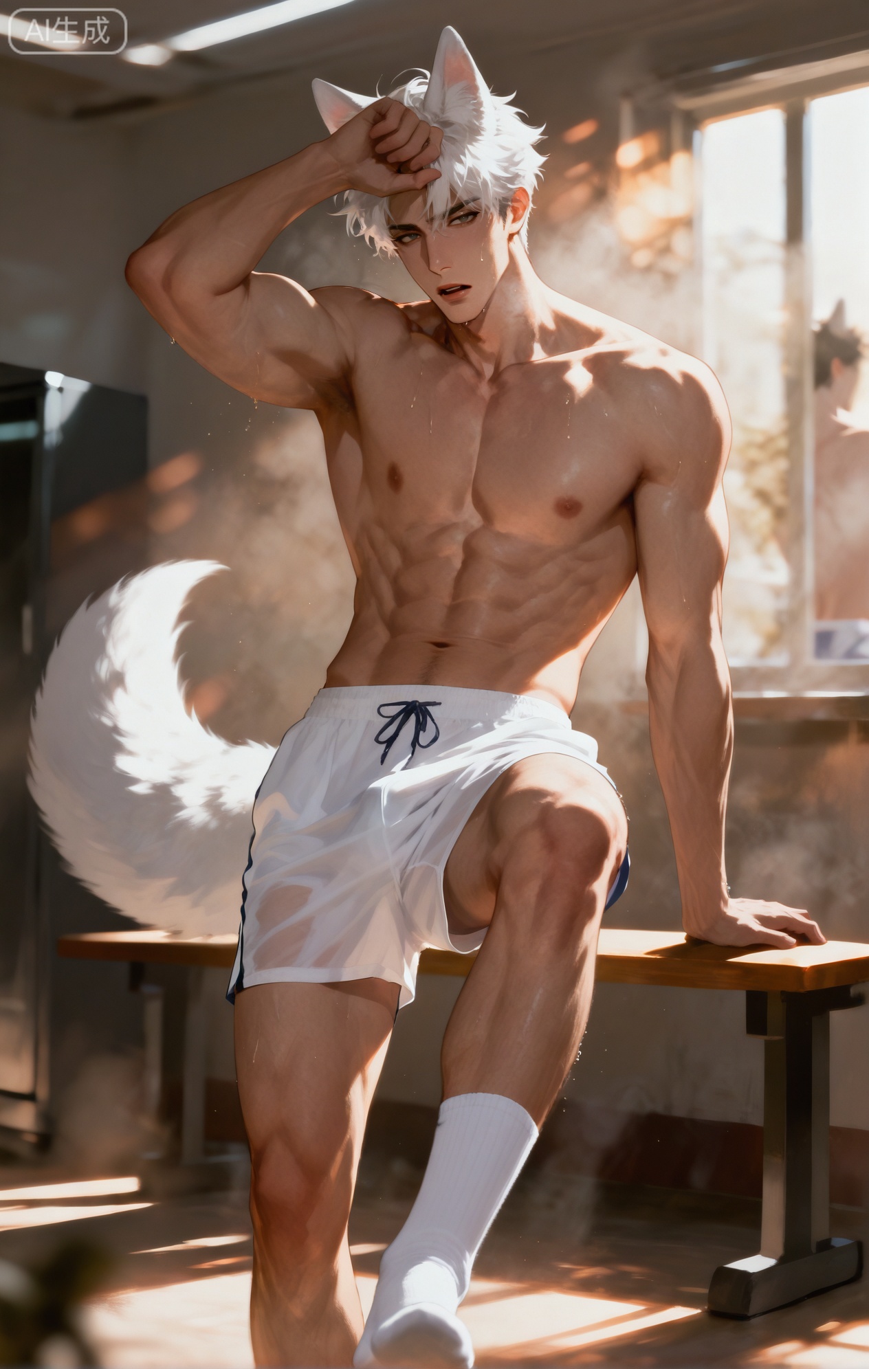(artist:mazjojo:0.83),(artist:pigeon666:0.67),(artist:zawar379:0.77),(artist:remsrar:0.65),(artist:yoneyama mai:0.74),(artist:chimmyming:0.72),masterpiece,4k,hd,HDR,amazing quality,best quality,high resolution,goldenfieldszho,newest,very aesthetic,ultra-detailed,absurdres,perfect lighting,volumetric lighting,(harsh, top-down locker room lighting),shadowing,(good shadowing),depth of field,scenery,amazing aesthetics,cinematic lighting,cinematic,shading,(good shading),counter shading,subsurface scattering,intricate details,illustration,perfect hands,1boy,handsome,interesting,male focus,bara,sexy,solo,looking at his reflection in the mirror,
(panting slightly, lips parted:1.4),(wiping sweat from his forehead with his wrist:1.2),
muscular male,abs,large pectorals,very sweaty, (glistening skin:1.3),
wearing (only a pair of tight, grey, sweat-soaked athletic shorts:1.6),(clinging fabric:1.5),(prominent bulge:1.5),(shirtless:1.4),(nine fluffy white fox tails, damp with sweat:1.5),
(leaning against a row of lockers, one foot up on the bench:1.4),(his shorts riding up his thigh:1.3),
background: gym locker room,steam from the showers,benches,towels,backlit,dynamic pose,dynamic angle,detailed background,full body,bishounen,tall male,close-up,(dark theme:1.0),light particles,lens flare



Small note art style,,xiaozhitiao,yu xuan,multicolored hair,White dragon tail,White dragon horns,yellow eyes,white hair,blonde hair,1boy,bangs
,socks,white socks,dianmei