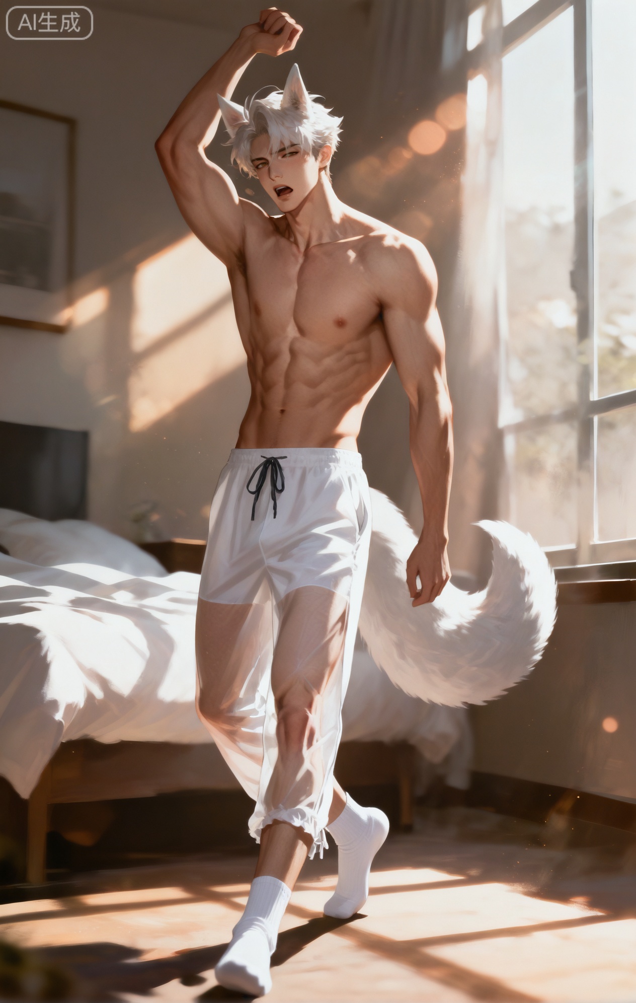 (artist:mazjojo:0.83),(artist:pigeon666:0.67),(artist:zawar379:0.77),(artist:remsrar:0.65),(artist:yoneyama mai:0.74),(artist:chimmyming:0.72),masterpiece,4k,hd,HDR,amazing quality,best quality,high resolution,goldenfieldszho,newest,very aesthetic,ultra-detailed,absurdres,perfect lighting,volumetric lighting,(early morning sunlight streaming through window),shadowing,(good shadowing),depth of field,scenery,amazing aesthetics,cinematic lighting,cinematic,shading,(good shading),counter shading,subsurface scattering,intricate details,illustration,perfect hands,1boy,handsome,interesting,male focus,bara,sexy,solo,looking at viewer with a sleepy, soft smile,
(yawning and stretching:1.3),(a light blush from just waking up:1.2),
muscular male,abs,large pectorals,sweaty,
wearing (only a pair of thin, white, slightly see-through pajama pants, low-slung on his hips:1.6),(bulge:1.4),(v-line:1.2),(shirtless:1.3),(nine fluffy white fox tails, curled lazily on the floor:1.5),
(standing in front of a large window, one hand pulling open the sheer curtains:1.4),(stretching his other arm up, causing his pants to slip lower:1.3),
background: messy bedroom,unmade bed,sunlight,dust particles in the air,backlit,dynamic pose,dynamic angle,detailed background,full body,bishounen,tall male,close-up,(soft color images:1.4),light particles,lens flare



Small note art style,,xiaozhitiao,yu xuan,multicolored hair,White dragon tail,White dragon horns,yellow eyes,white hair,blonde hair,1boy,bangs
,socks,white socks,dianmei
