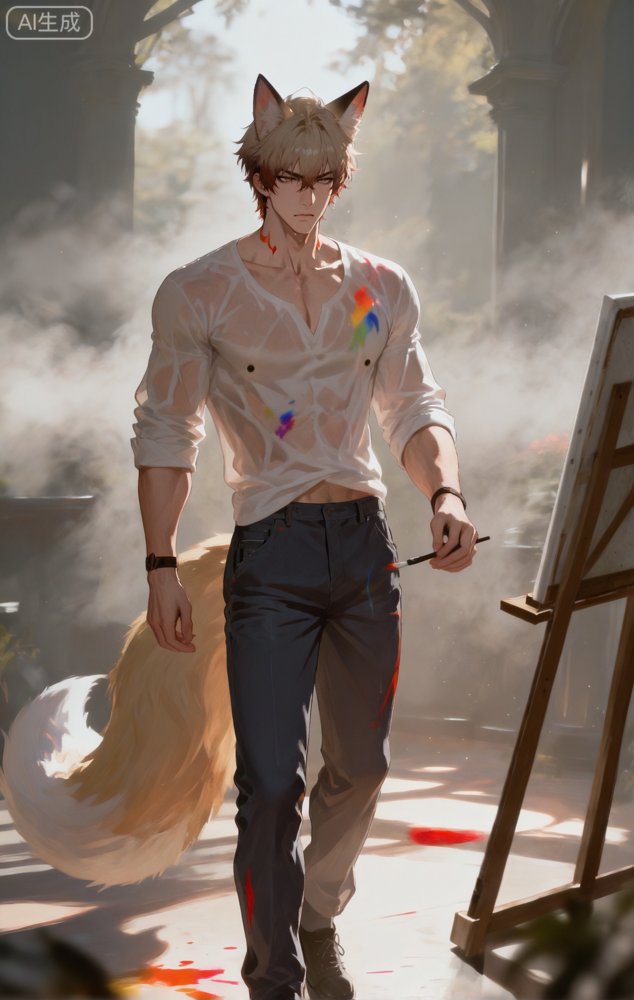(artist:mazjojo:0.83),(artist:pigeon666:0.67),(artist:zawar379:0.77),(artist:remsrar:0.65),(artist:yoneyama mai:0.74),(artist:chimmyming:0.72),masterpiece,4k,hd,HDR,amazing quality,best quality,high resolution,goldenfieldszho,newest,very aesthetic,ultra-detailed,absurdres,perfect lighting,volumetric lighting,(soft, natural light from a large studio window),shadowing,(good shadowing),depth of field,scenery,amazing aesthetics,cinematic lighting,cinematic,shading,(good shading),counter shading,subsurface scattering,intricate details,illustration,perfect hands,1boy,handsome,interesting,male focus,bara,sexy,solo,intensely focused on the canvas,
(a serious, concentrated expression:1.5),(biting the end of his paintbrush handle in thought:1.3),
muscular male,abs,large pectorals,
wearing (an old, paint-splattered button-up shirt with sleeves rolled up:1.5),(jeans:1.3),(nine fluffy white fox tails, carefully avoiding the wet paint:1.5),
(standing in front of a large canvas on an easel:1.4),(holding a palette and a paintbrush, in the middle of painting a landscape:1.3),
background: art studio,canvases,paint tubes,jars of brushes,backlit,dynamic pose,dynamic angle,detailed background,full body,bishounen,tall male,close-up,(soft color images:1.4),light particles,lens flare



,,Mydei,blonde hair,red hair,gradient hair,medium hair,hair between eyes,braid  eyeliner,yellow eyes,single braid,red tattoo,xiaozhitiao