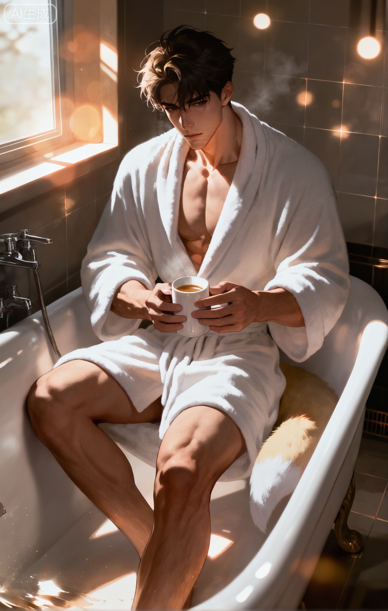 (artist:mazjojo:0.83),(artist:pigeon666:0.67),(artist:zawar379:0.77),(artist:remsrar:0.65),(artist:yoneyama mai:0.74),(artist:chimmyming:0.72),masterpiece,4k,hd,HDR,amazing quality,best quality,high resolution,goldenfieldszho,newest,very aesthetic,ultra-detailed,absurdres,perfect lighting,volumetric lighting,(warm, soft bathroom lighting),shadowing,(good shadowing),depth of field,scenery,amazing aesthetics,cinematic lighting,cinematic,shading,(good shading),counter shading,subsurface scattering,intricate details,illustration,perfect hands,1boy,handsome,interesting,male focus,bara,sexy,solo,looking out a small window at the night sky,
(a calm, peaceful expression:1.5),(taking a deep, relaxed breath:1.3),
muscular male,abs,large pectorals,
wearing (a thick, fluffy white bathrobe, tied securely at the waist:1.6),(hair is still damp:1.2),(nine fluffy white fox tails, extra fluffy after being dried:1.5),
(sitting on the edge of the bathtub:1.4),(holding a cup of herbal tea:1.3),
background: clean bathroom,candles lit,a book on a small stool,backlit,dynamic pose,dynamic angle,detailed background,full body,bishounen,tall male,close-up,(dark theme:1.0),light particles,lens flare



,,xiaozhitiao