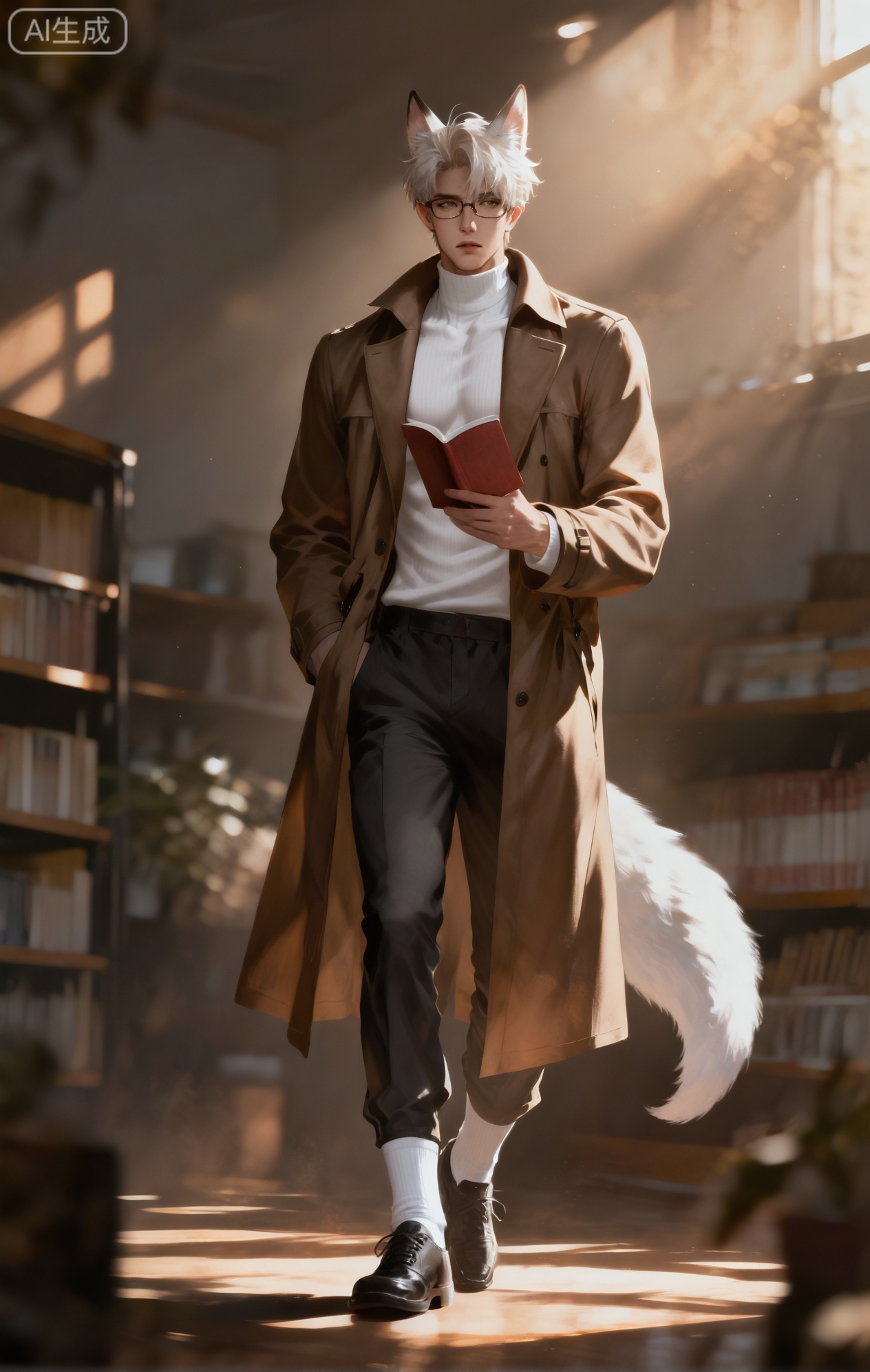 (artist:mazjojo:0.83),(artist:pigeon666:0.67),(artist:zawar379:0.77),(artist:remsrar:0.65),(artist:yoneyama mai:0.74),(artist:chimmyming:0.72),masterpiece,4k,hd,HDR,amazing quality,best quality,high resolution,goldenfieldszho,newest,very aesthetic,ultra-detailed,absurdres,perfect lighting,volumetric lighting,(warm, quiet lighting of a bookstore),shadowing,(good shadowing),depth of field,scenery,amazing aesthetics,cinematic lighting,cinematic,shading,(good shading),counter shading,subsurface scattering,intricate details,illustration,perfect hands,1boy,handsome,interesting,male focus,bara,sexy,solo,looking up at a high shelf,
(a thoughtful, curious expression:1.4),(running his finger along the spines of the books:1.3),
muscular male,abs,large pectorals,
wearing (a stylish trench coat over a turtleneck sweater:1.5),(dark trousers and leather shoes:1.3),(glasses perched on his nose:1.2),(nine fluffy white fox tails, neatly arranged behind him:1.5),
(standing on a rolling library ladder in a tall aisle:1.5),(reaching for a book on the top shelf:1.3),
background: bookstore at night,floor-to-ceiling bookshelves,ladders,cozy armchairs,backlit,dynamic pose,dynamic angle,detailed background,full body,bishounen,tall male,close-up,(dark theme:1.0),light particles,lens flare



Small note art style,,xiaozhitiao,yu xuan,multicolored hair,White dragon tail,White dragon horns,yellow eyes,white hair,blonde hair,1boy,bangs
,socks,white socks,dianmei