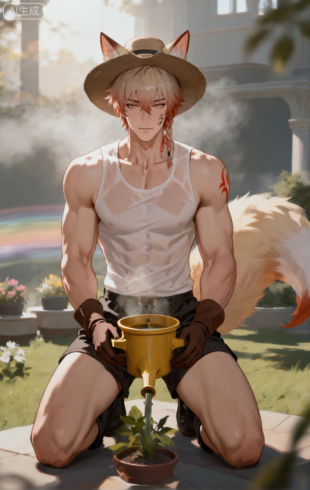 (artist:mazjojo:0.83),(artist:pigeon666:0.67),(artist:zawar379:0.77),(artist:remsrar:0.65),(artist:yoneyama mai:0.74),(artist:chimmyming:0.72),masterpiece,4k,hd,HDR,amazing quality,best quality,high resolution,goldenfieldszho,newest,very aesthetic,ultra-detailed,absurdres,perfect lighting,volumetric lighting,(bright afternoon sun),shadowing,(good shadowing),depth of field,scenery,amazing aesthetics,cinematic lighting,cinematic,shading,(good shading),counter shading,subsurface scattering,intricate details,illustration,perfect hands,1boy,handsome,interesting,male focus,bara,sexy,solo,smiling gently at the flowers,
(a caring, nurturing expression:1.4),(a smudge of dirt on his cheek:1.2),
muscular male,abs,large pectorals,sweaty,
wearing (a sleeveless shirt and cargo shorts:1.5),(gardening gloves and boots:1.3),(a straw hat on his head:1.2),(nine fluffy white fox tails, held up to avoid getting dirty:1.5),
(kneeling in a garden, carefully watering a pot of sunflowers with a watering can:1.5),
background: lush garden,potted plants,flowers,vegetable patch,backlit,dynamic pose,dynamic angle,detailed background,full body,bishounen,tall male,close-up,(soft color images:1.3),light particles,lens flare



,,Mydei,blonde hair,red hair,gradient hair,medium hair,hair between eyes,braid  eyeliner,yellow eyes,single braid,red tattoo,xiaozhitiao