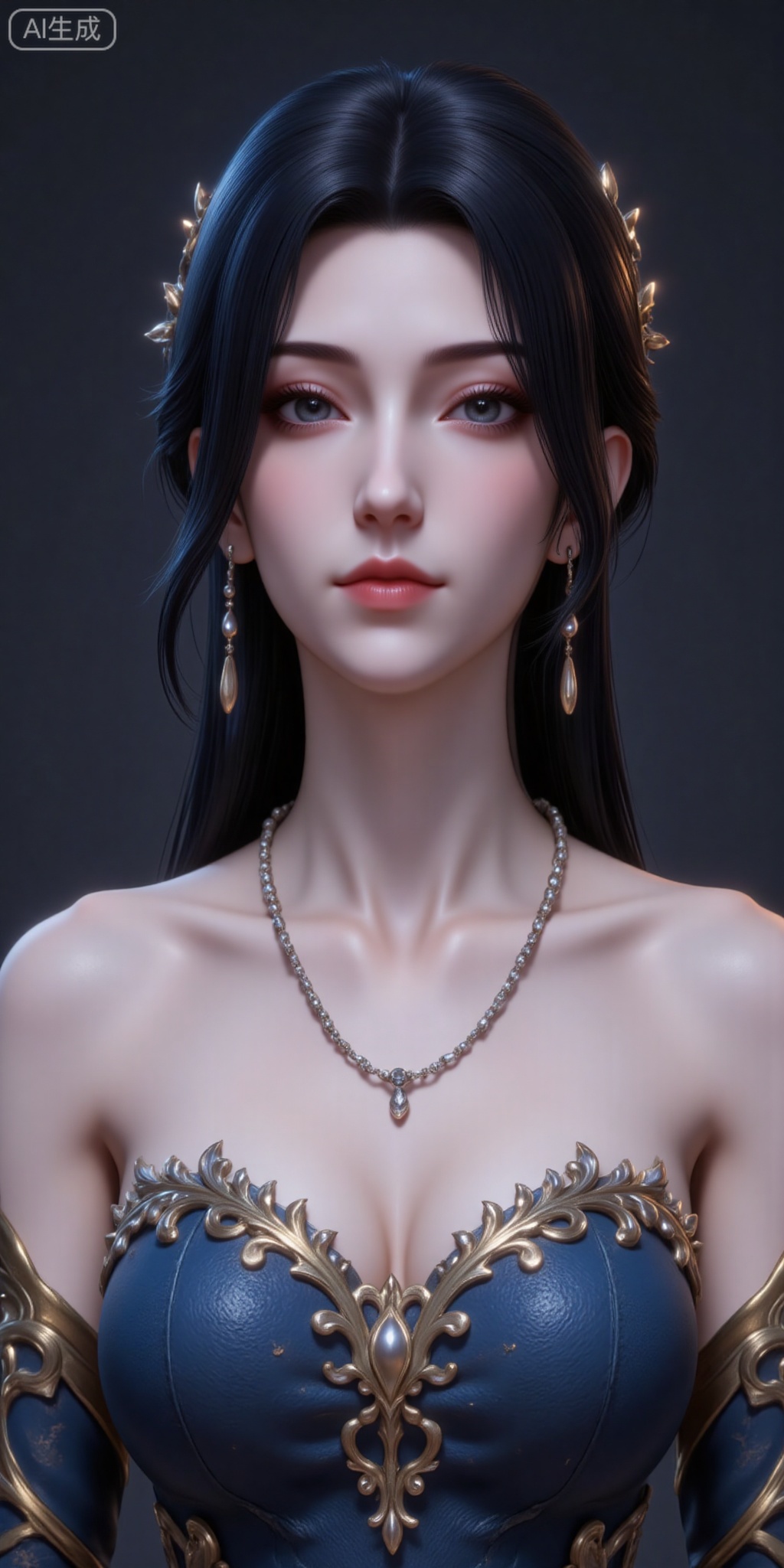 1girl, solo, long hair, breasts, looking at viewer, black hair, hair ornament, dress, bare shoulders, jewelry, closed mouth, upper body, earrings, blue dress