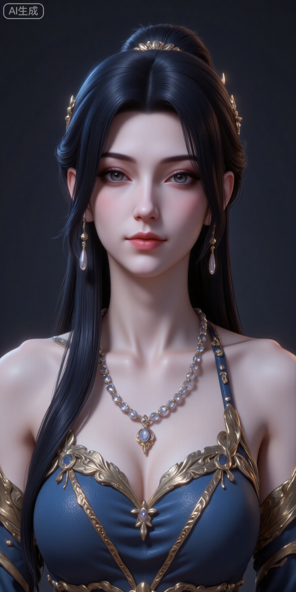 1girl, solo, long hair, breasts, looking at viewer, black hair, hair ornament, dress, bare shoulders, jewelry, closed mouth, upper body, earrings, blue dress