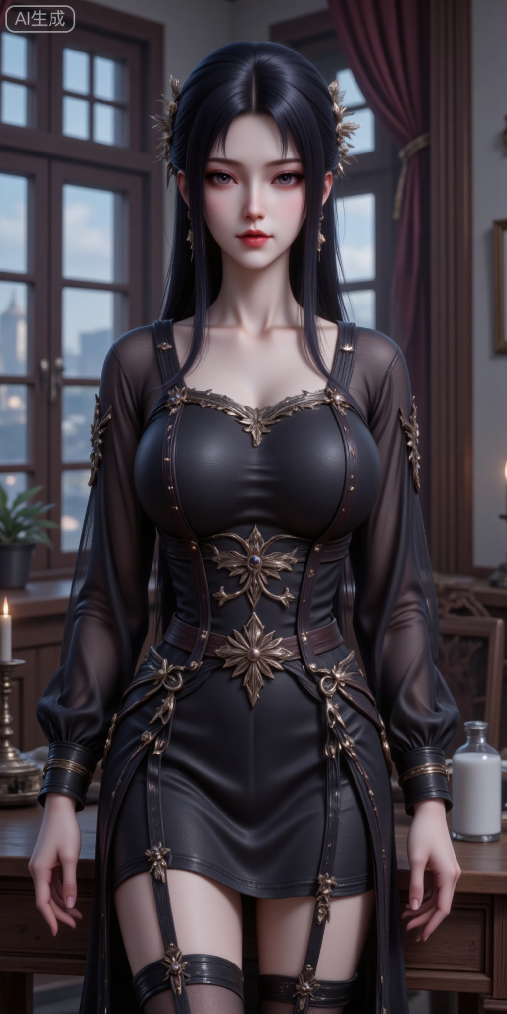1girl, solo, long hair, breasts, looking at viewer, blue eyes, large breasts, black hair, hair ornament, thighhighs, long sleeves, dress, jewelry, closed mouth, standing, ponytail, cowboy shot, earrings, black thighhighs, indoors, black dress, clothing cutout, window, garter straps, chair, table