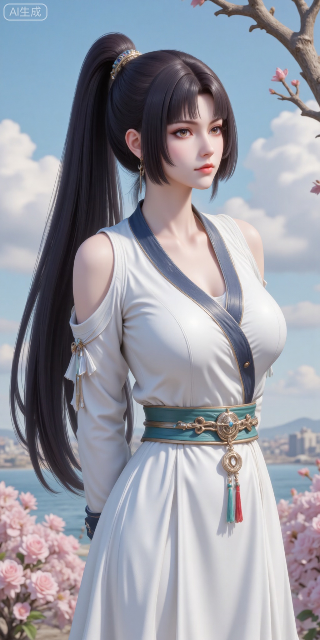 1girl, solo, long hair, breasts, black hair, hair ornament, dress, jewelry, upper body, ponytail, earrings, sky, white dress, expressionless, arms behind back, branch