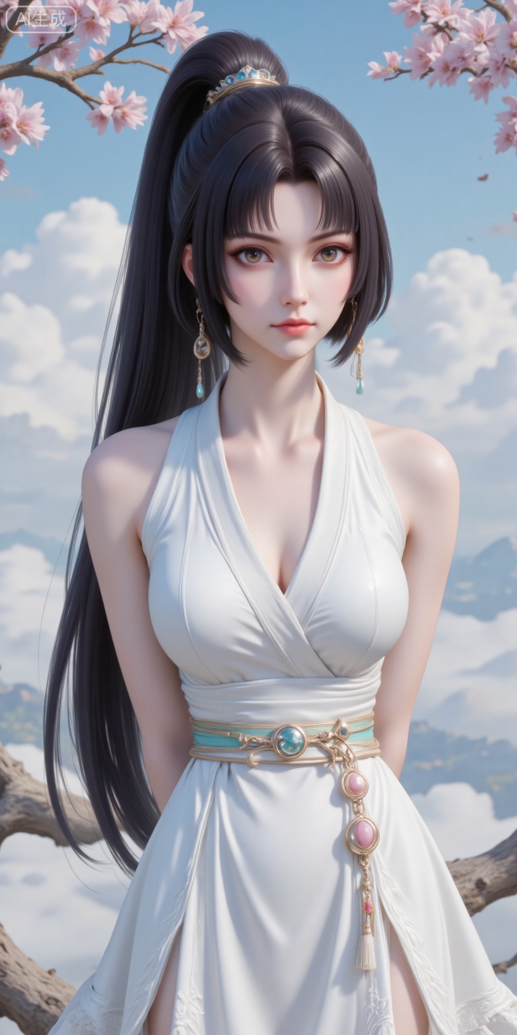 1girl, solo, long hair, breasts, black hair, hair ornament, dress, jewelry, upper body, ponytail, earrings, sky, white dress, expressionless, arms behind back, branch