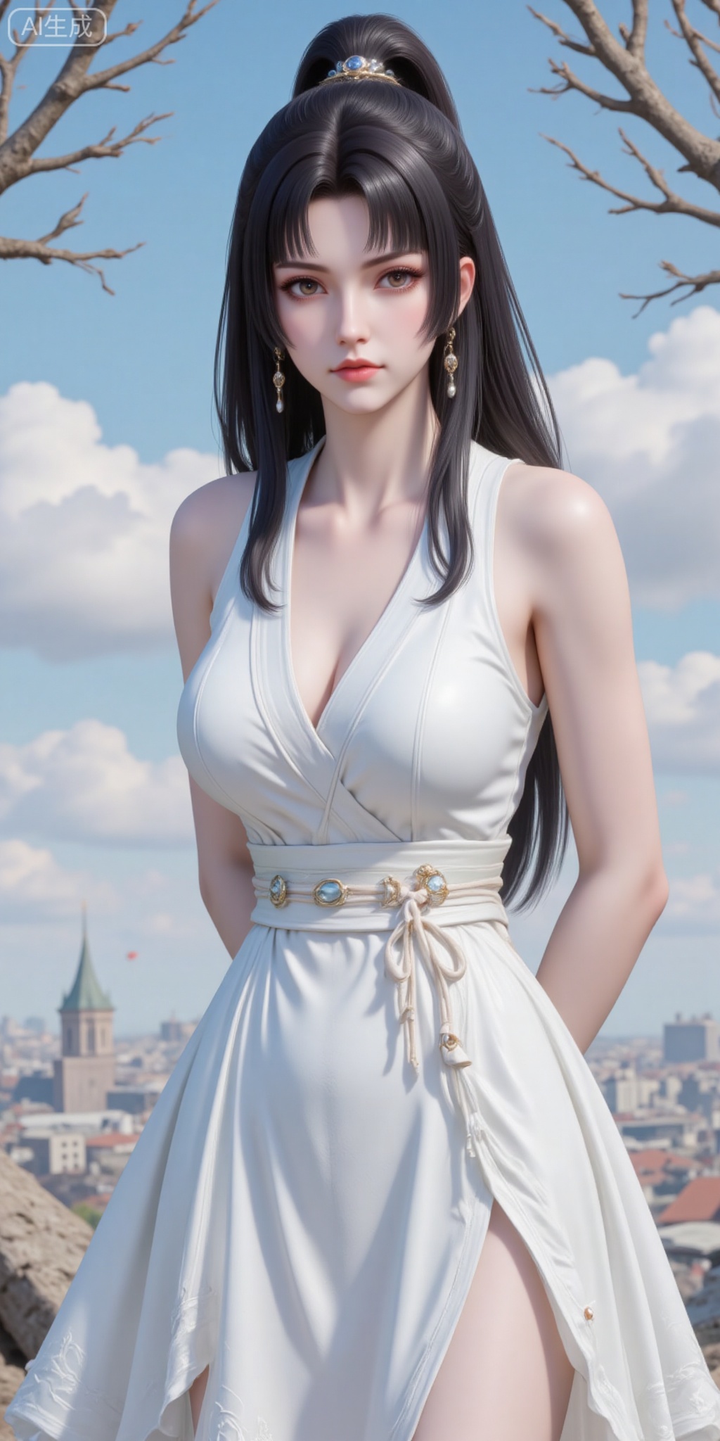 1girl, solo, long hair, breasts, black hair, hair ornament, dress, jewelry, upper body, ponytail, earrings, sky, white dress, expressionless, arms behind back, branch