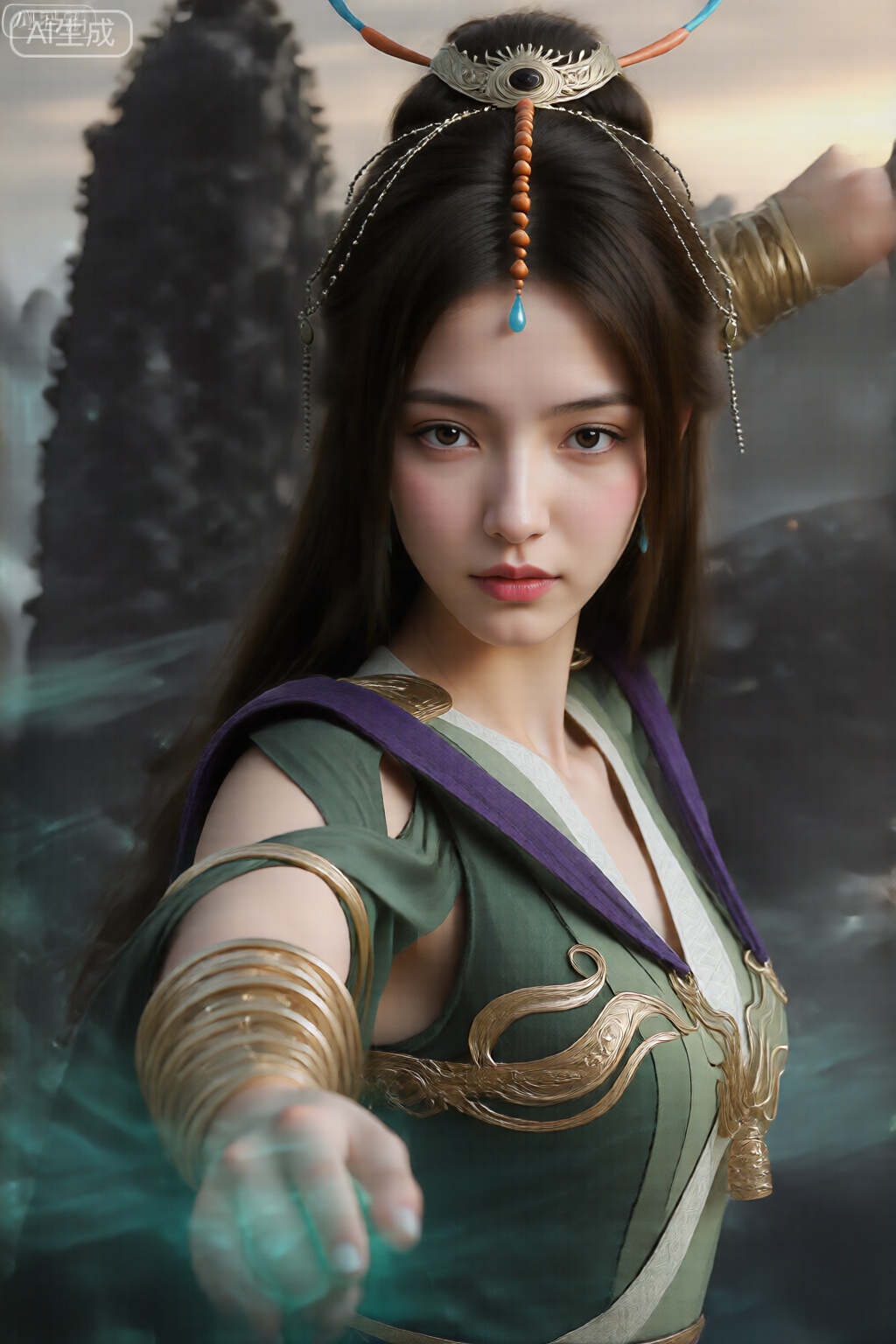 该图像描绘了一个穿着详细的奇幻或历史服装的人,可能来自电影或动画作品。此人有一头又长又直的黑发,戴着华丽的头饰,头饰上有一颗中央黑色宝石、悬垂的链子和一个蓝色泪珠形的吊坠。该服装由带有紫色和白色镶边的绿色束腰外衣组成,肩部饰有金色装饰元素,还有一个大而复杂的金色肩章。双臂上饰有多个金色臂箍,右臂向前伸展,手上握着一颗散发着柔和魔法光芒的绿色圆球。背景中有一座黑暗、高耸的结构（可能是一座山或城堡）,映衬着温暖、日落般色调的天空。该场景包括光条纹和粒子等视觉效果,增强了动态、以动作为导向的氛围。