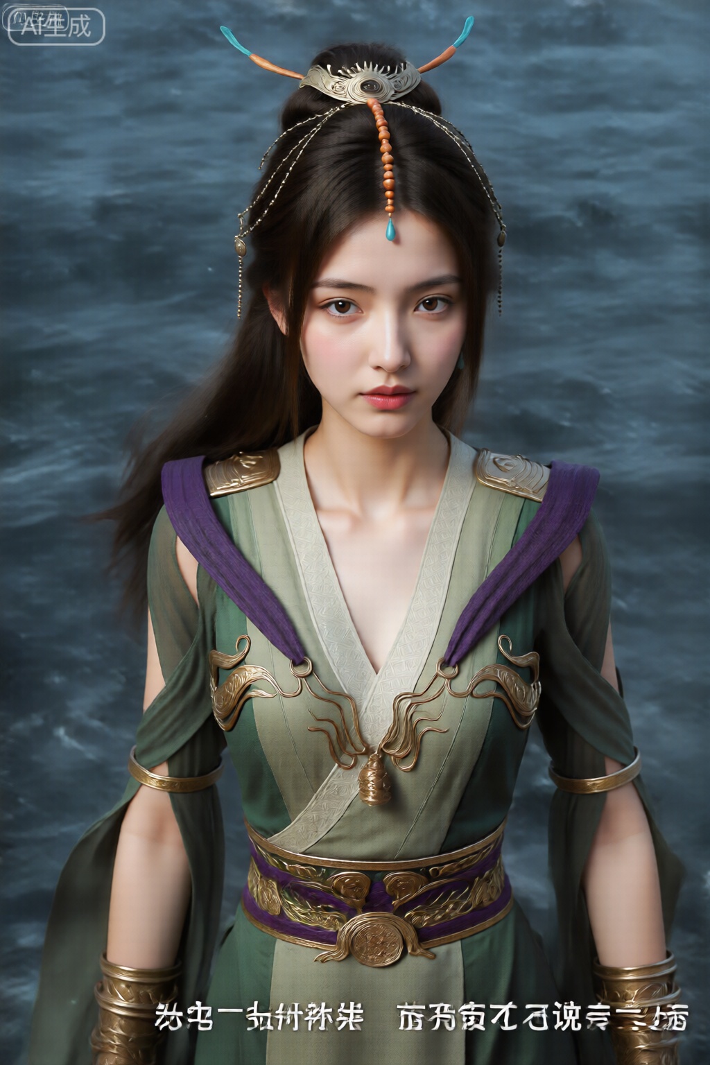该图像描绘了一个穿着精致的奇幻服装的人,站在波涛汹涌的深蓝色海水的背景下。此人有一头长长的黑发,戴着华丽的头饰,头饰有复杂的设计和悬挂的装饰品。该服装由绿色和紫色面料组合而成,饰有金色配饰和图案。该服装采用V 领设计,腰部饰有金色和紫色装饰腰带,肩部饰有紫色面料和金色肩章。此人还戴着金色臂章。整体外观高度风格化且细节丰富,暗示着来自奇幻或历史背景的角色。