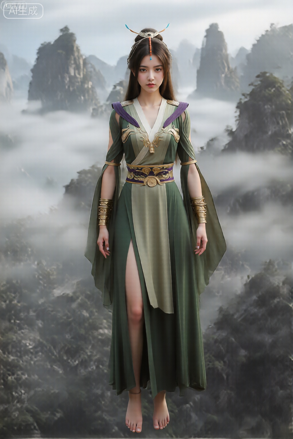 图像描绘了一个人站在一片薄雾缭绕的山地景观前,背景中是高耸的锯齿状山峰。来人身穿一件淡雅的绿色长裙,左侧开叉高,露出部分腿部。这件衣服的内层是白色的,胸部饰有复杂的金色刺绣。裙子的肩部覆盖着绿色布料,一直延伸到手臂上。此人腰间还系着一条华丽的宽腰带,腰带上有金色细节。手腕上,有着多个金色臂镯。头发又长又黑又直,并配有装饰性头饰,其中包括白色元素和两个蓝色流苏。这个人赤着脚,整体外观是一种传统或幻想风格的角色,背景是自然、空灵的。