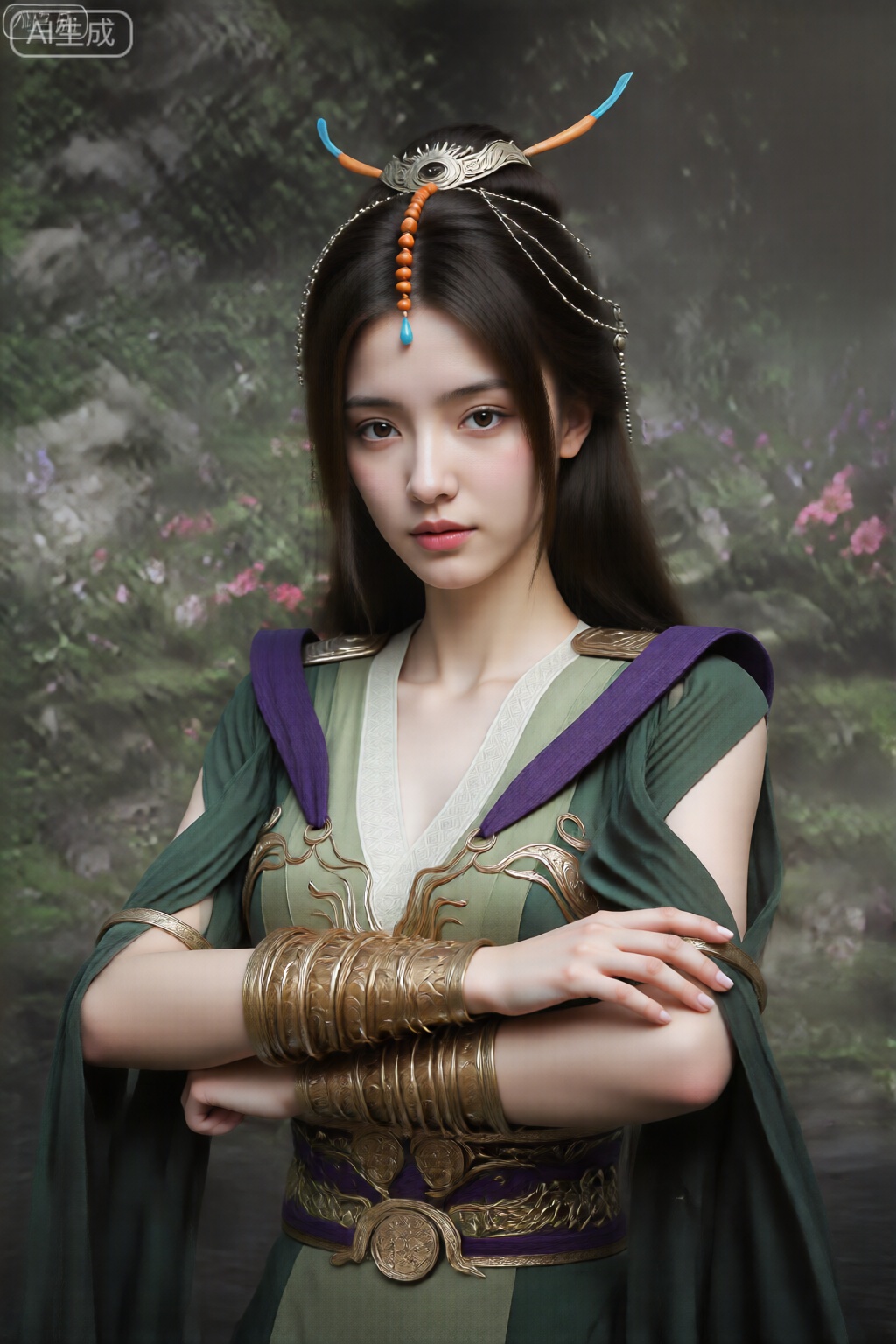 该图像描绘了一个穿着精美的奇幻服装的人。该人身穿一件绿色束腰外衣,胸部和肩膀上饰有复杂的金色图案,肩上系着一条紫色腰带。金色护臂覆盖双前臂,具有详细的圆形和线性设计,以及配套的带圆扣的金色腰带。头饰华丽,有银色底座、橙色珠子和蓝色装饰元素,包括两个向上弯曲的蓝色和橙色“角”。这个人有一头黑色的长发,表情中性,双臂交叉在胸前。背景是郁郁葱葱的自然环境,有充满活力的花朵（粉色、红色、紫色、白色的花朵）、绿色的树叶、岩石和薄雾笼罩的气氛,营造出宁静、超凡脱俗的环境。灯光柔和,增强了服装和自然背景的丰富色彩。