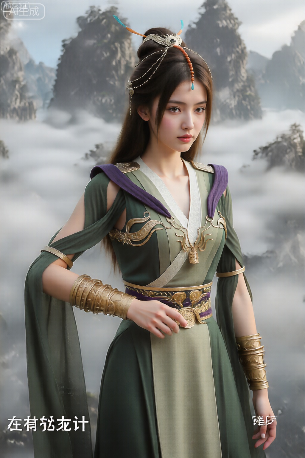 图像显示一位年轻女子站在云雾缭绕的山地景观前。她穿着一套精致的传统中国风格服装,采用绿色和白色面料相结合,并带有金色和紫色的点缀。这件衣服的设计复杂,包括胸前的龙图案和带有悬挂饰物的装饰腰带。她戴着饰有羽毛和珠子的头饰,长长的深色头发扎成高马尾辫。她的手臂上,有着多个金色臂章。背景是高大的岩石山脉,部分被云层笼罩,营造出戏剧性而空灵的氛围。