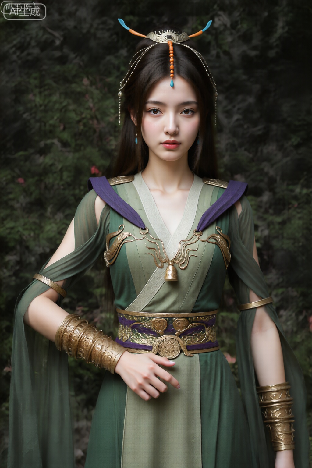 该图像描绘了一个穿着精致的奇幻服装的人。服装以绿色为主,有各种色调和纹理。这件衣服的特点是高V字领口,装饰着金色的火焰状装饰,从肩膀一直延伸到胸前,胸前挂着一个金色的小铃铛。肩部覆盖着紫色布料,垂坠优雅。 这个人有一头又长又黑的头发,部分装饰着装饰性的头饰。头饰包括一个设计复杂的中央圆形装饰品,以及两个蓝色和橙色的羽毛状延伸部分。一串末端有蓝色珠子的橙色珠子垂在额头中央,与头饰相连。 手臂上覆盖着透明的绿色织物,一直延伸到手腕,手腕上有华丽的金色袖口,上面有详细的雕刻。腰部用一条宽阔的金色腰带收紧,腰带上有复杂的图案和圆形的奖章状中心装饰。裙子的下半部分是纯绿色的面料,向下流动,透明的面料在两侧继续形成斗篷般的效果。 背景是绿色树叶和粉红色花朵的自然环境,暗示着室外环境。服装的整体美感富丽堂皇、超凡脱俗,特别强调金色和绿色色调。