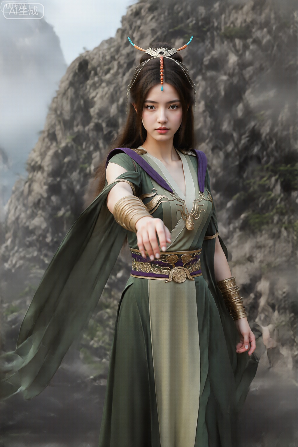 图像中的人物穿着精致的奇幻风格服装,背景是岩石山峦。该人物有一头又长又直的深色头发,戴着华丽的头饰,头饰上装饰着彩色的角状突起,中央有红色和蓝色的点缀。该服装由飘逸的翠绿色长袍组成,深V 领口,边缘饰有紫色饰边。长袍采用分层设计,正面可见浅米绿色的内层。金色和青铜色配饰,包括带有复杂图案的腰带和金属袖口,增添了帝王气息。人物的右臂向前伸展,手掌张开,暗示着一种力量或魔法的姿态。背景是一幅戏剧性的、雾蒙蒙的风景,锯齿状的岩层和稀疏的绿色植物,增强了超凡脱俗的氛围。整体构图传达出一种幻想和神秘的感觉。