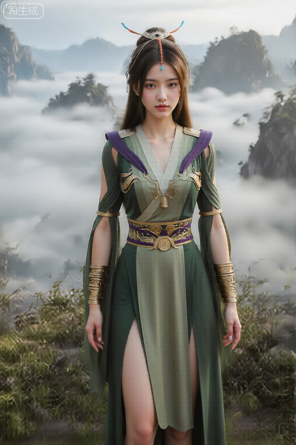 该图像描绘了一位年轻女子站在户外,背景是薄雾笼罩的山脉和悬崖。她穿着绿色和紫色的传统风格服装,带有复杂的金色和紫色细节。这件衣服的一侧有一个高开衩,露出了她的腿。她有一头长长的黑发,戴着彩色流苏的头饰。她的手腕上戴着华丽的金色臂章。整体景色宁静空灵,部分山峦被云彩遮住。