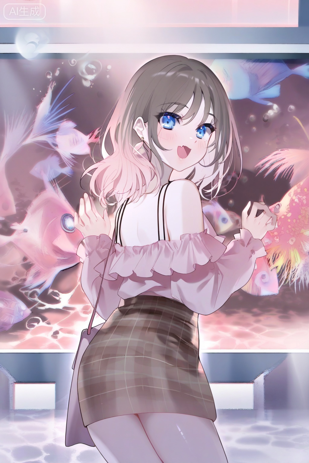 1girl,aquarium,skirt,solo,blue eyes,bag,fish,shirt,smile,earrings,off-shoulder shirt,looking at viewer,jewelry,open mouth,plaid skirt,off shoulder,blush,plaid,:d,long sleeves,fang,handbag,pink hair,looking back,bare shoulders,shoulder bag,from behind,cowboy shot,short hair,frilled shirt,brown hair,hands up,medium hair,frills,against glass,standing,sfw,,
