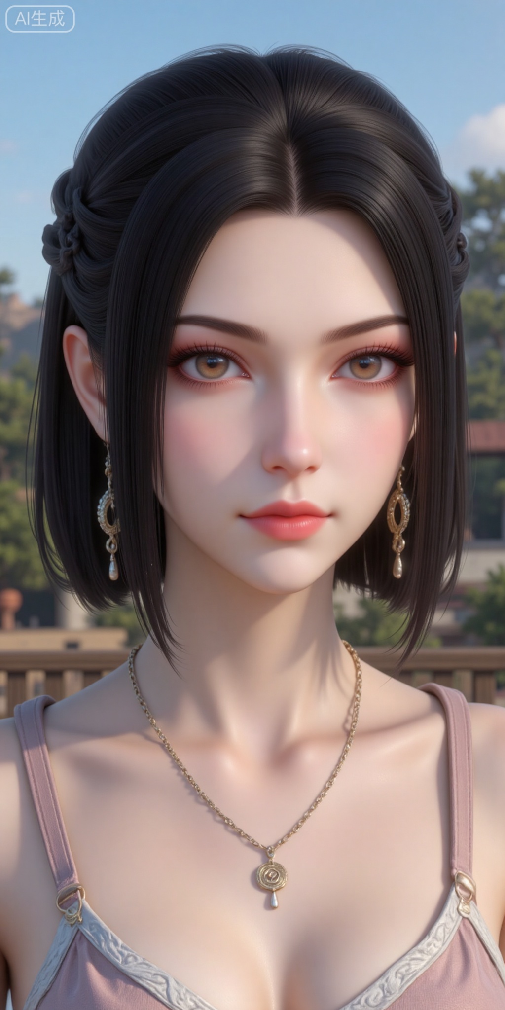 1girl, solo, looking at viewer, short hair, black hair, brown eyes, jewelry, closed mouth, upper body, braid, earrings, outdoors, solo focus, day, lips