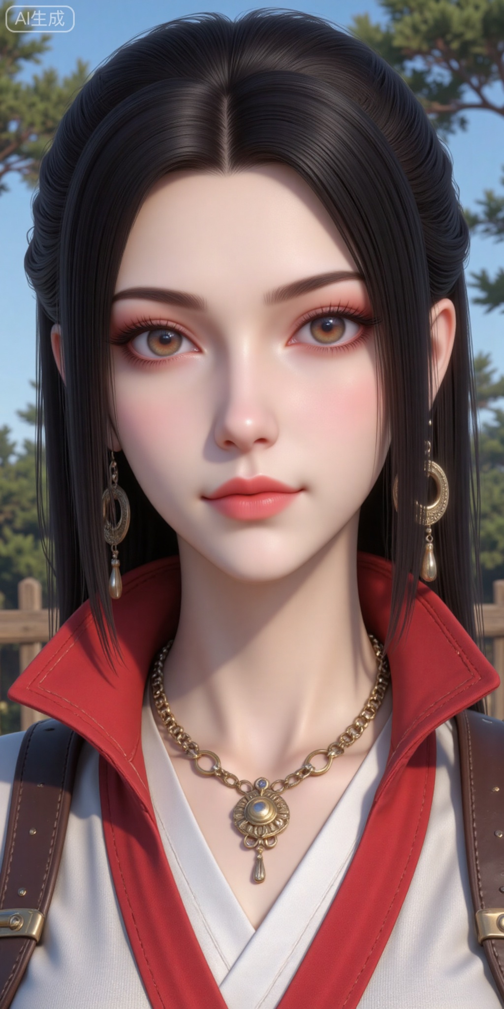 1girl, solo, looking at viewer, short hair, black hair, brown eyes, jewelry, closed mouth, upper body, braid, earrings, outdoors, solo focus, day, lips