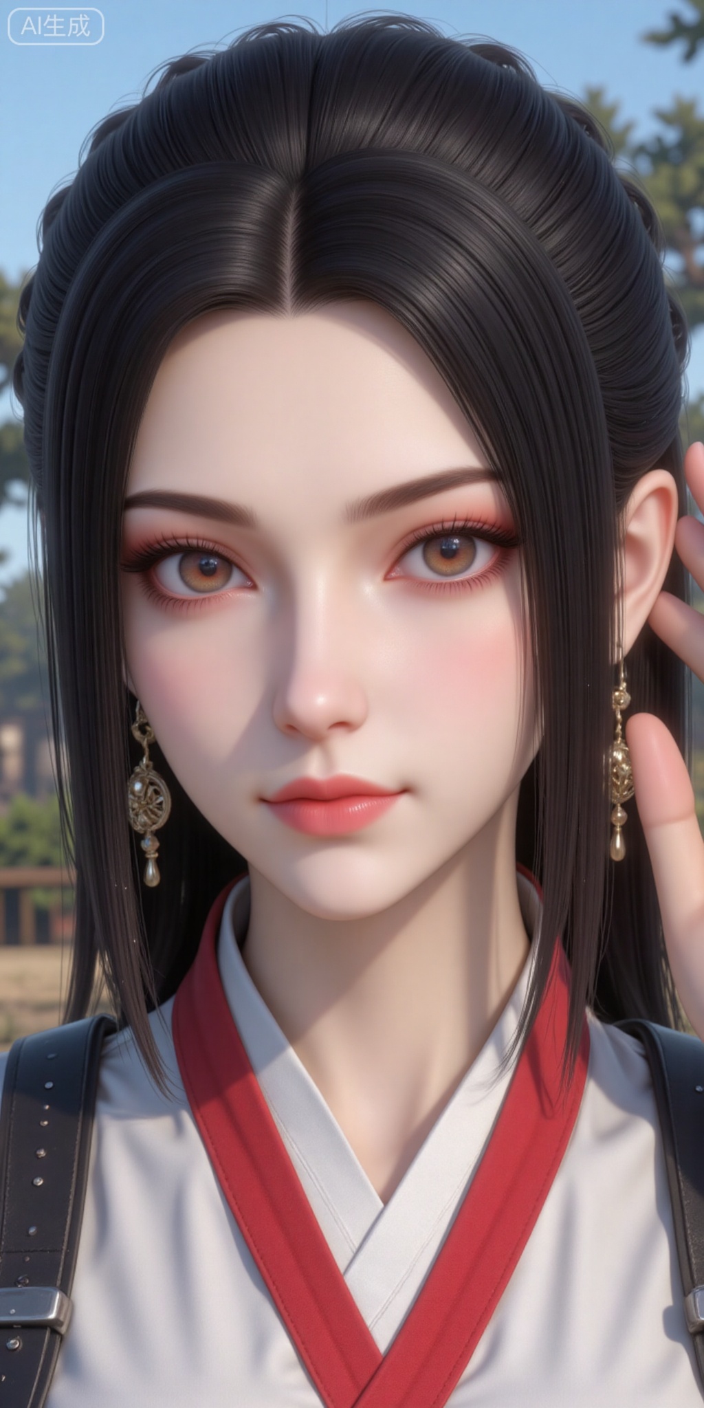 1girl, solo, looking at viewer, short hair, black hair, brown eyes, jewelry, closed mouth, upper body, braid, earrings, outdoors, solo focus, day, lips