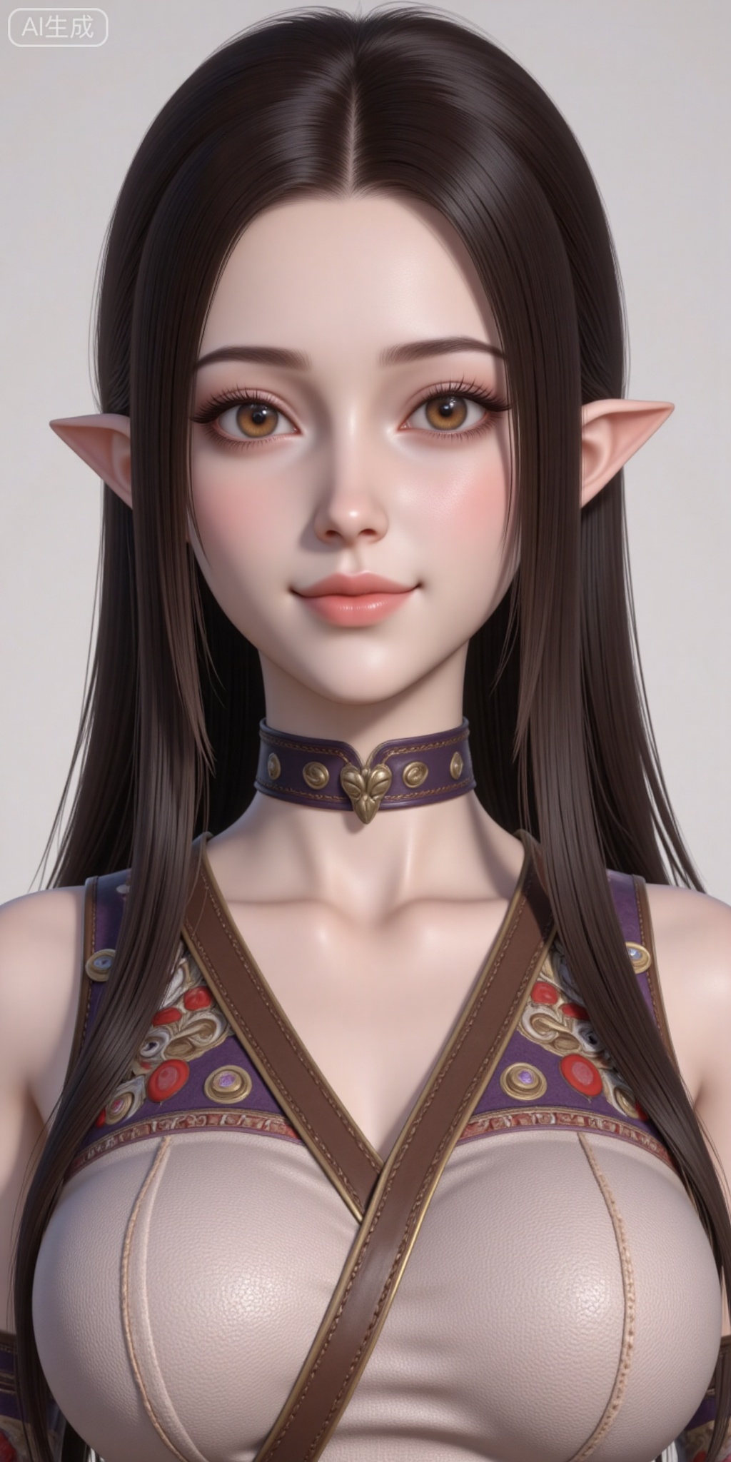 1girl, solo, long hair, breasts, looking at viewer, smile, large breasts, brown hair, black hair, brown eyes, closed mouth, upper body, choker, pointy ears, lips, elf