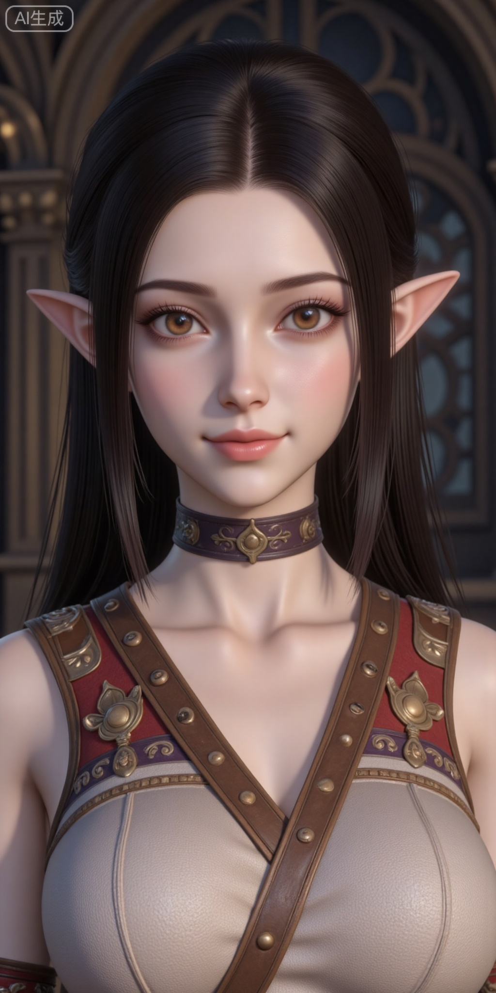 1girl, solo, long hair, breasts, looking at viewer, smile, large breasts, brown hair, black hair, brown eyes, closed mouth, upper body, choker, pointy ears, lips, elf