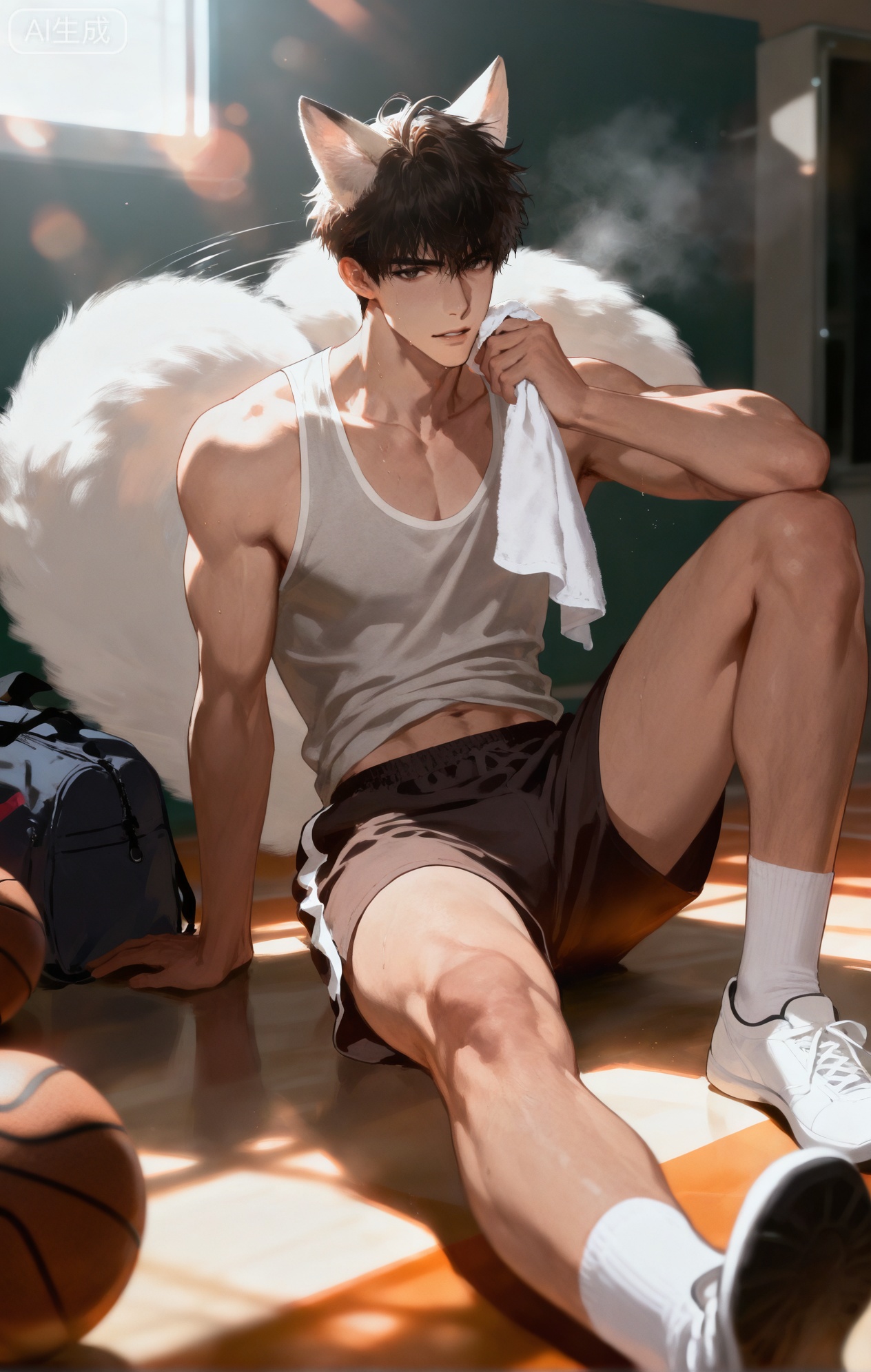(artist:mazjojo:0.83),(artist:pigeon666:0.67),(artist:zawar379:0.77),(artist:remsrar:0.65),(artist:yoneyama mai:0.74),(artist:chimmyming:0.72),masterpiece,4k,hd,HDR,amazing quality,best quality,high resolution,goldenfieldszho,newest,very aesthetic,ultra-detailed,absurdres,perfect lighting,volumetric lighting,(bright, clean locker room lighting),shadowing,(good shadowing),depth of field,scenery,amazing aesthetics,cinematic lighting,cinematic,shading,(good shading),counter shading,subsurface scattering,intricate details,illustration,perfect hands,1boy,handsome,interesting,male focus,bara,sexy,solo,looking at his reflection in the mirror with a satisfied smile,
(taking a deep breath, feeling accomplished:1.4),(wiping sweat from his neck with a towel:1.2),
muscular male,abs,large pectorals,sweaty,
wearing (a grey athletic **** top and black basketball shorts:1.5),(a towel draped over his shoulders:1.3),(nine fluffy white fox tails, wagging slightly:1.5),
(sitting on a bench, tying his shoelaces:1.4),(a sports bag next to him:1.2),
background: gym locker room,benches,lockers,backlit,dynamic pose,dynamic angle,detailed background,full body,bishounen,tall male,close-up,light particles,lens flare



,,xiaozhitiao