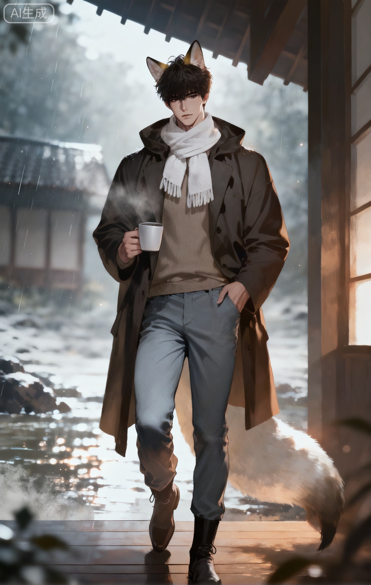 (artist:mazjojo:0.83),(artist:pigeon666:0.67),(artist:zawar379:0.77),(artist:remsrar:0.65),(artist:yoneyama mai:0.74),(artist:chimmyming:0.72),masterpiece,4k,hd,HDR,amazing quality,best quality,high resolution,goldenfieldszho,newest,very aesthetic,ultra-detailed,absurdres,perfect lighting,volumetric lighting,(cold, diffused light of a rainy day),shadowing,(good shadowing),depth of field,scenery,amazing aesthetics,cinematic lighting,cinematic,shading,(good shading),counter shading,subsurface scattering,intricate details,illustration,perfect hands,1boy,handsome,interesting,male focus,bara,sexy,solo,looking out at the rain with a calm expression,
(a thoughtful, serene gaze:1.4),(holding a warm cup of coffee in his hands:1.3),
muscular male,abs,large pectorals,
wearing (a thick, dark blue raincoat over a sweater:1.5),(jeans and waterproof boots:1.3),(a scarf around his neck:1.2),(nine fluffy white fox tails, kept dry under his coat:1.5),
(standing under the eaves of a traditional Japanese-style house:1.4),(watching the rain fall in the garden:1.3),
background: traditional house,rain,zen garden,koi pond,backlit,dynamic pose,dynamic angle,detailed background,full body,bishounen,tall male,close-up,(dark theme:1.1),light particles,lens flare



,,xiaozhitiao