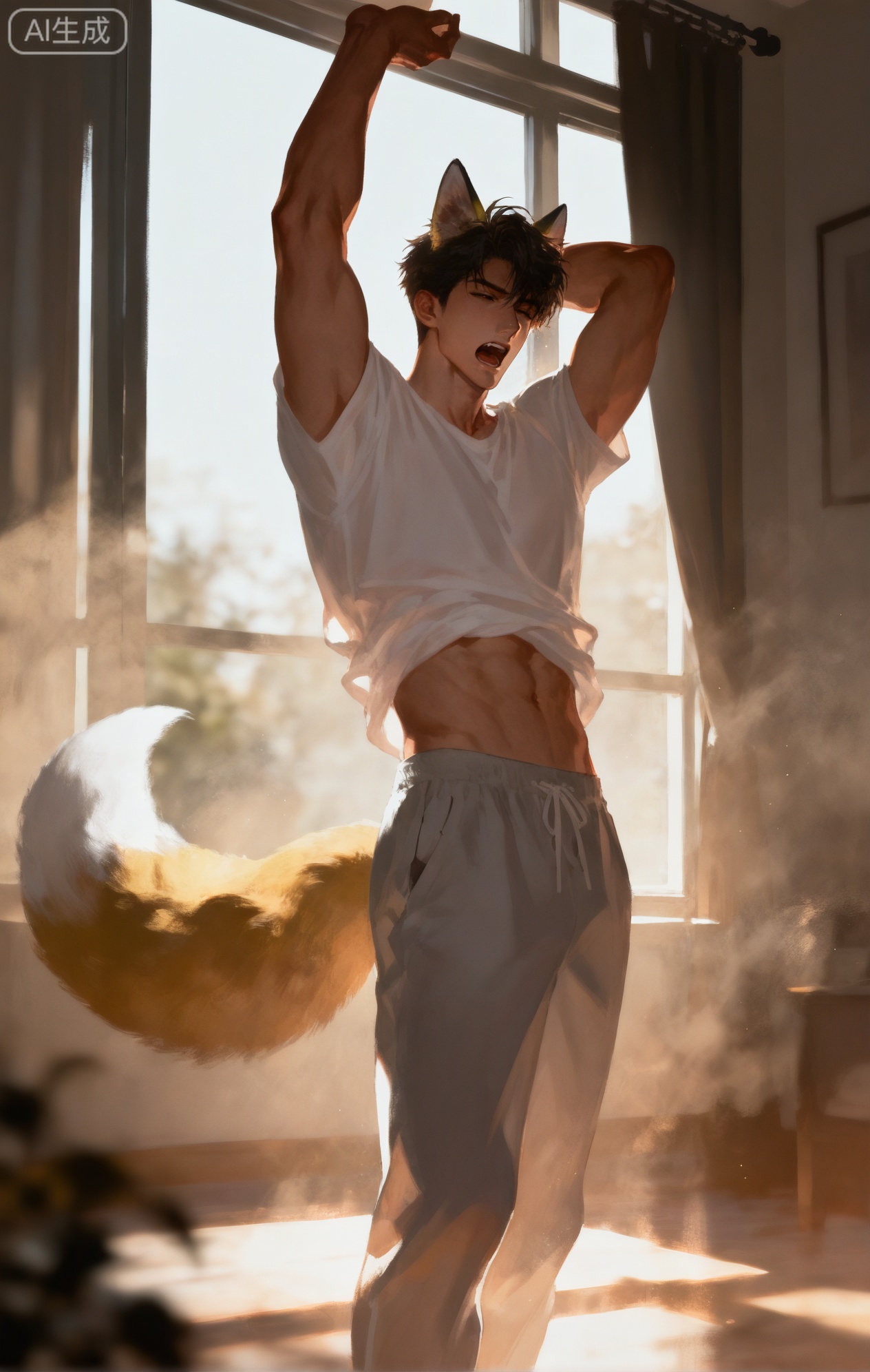 (artist:mazjojo:0.83),(artist:pigeon666:0.67),(artist:zawar379:0.77),(artist:remsrar:0.65),(artist:yoneyama mai:0.74),(artist:chimmyming:0.72),masterpiece,4k,hd,HDR,amazing quality,best quality,high resolution,goldenfieldszho,newest,very aesthetic,ultra-detailed,absurdres,perfect lighting,volumetric lighting,(early morning sunlight streaming through window),shadowing,(good shadowing),depth of field,scenery,amazing aesthetics,cinematic lighting,cinematic,shading,(good shading),counter shading,subsurface scattering,intricate details,illustration,perfect hands,1boy,handsome,interesting,male focus,bara,sexy,solo,looking out the window with a peaceful smile,
(yawning and stretching comfortably:1.3),(a light, healthy blush from just waking up:1.2),
muscular male,abs,large pectorals,
wearing (a clean, white t-shirt and comfortable grey pajama pants:1.5),(nine fluffy white fox tails, curled lazily on the floor:1.5),
(standing in front of a large window, one hand pulling open the curtains to greet the day:1.4),(stretching his other arm up towards the ceiling:1.3),
background: tidy bedroom,made bed,sunlight,dust particles in the air,backlit,dynamic pose,dynamic angle,detailed background,full body,bishounen,tall male,close-up,(soft color images:1.4),light particles,lens flare



,,xiaozhitiao