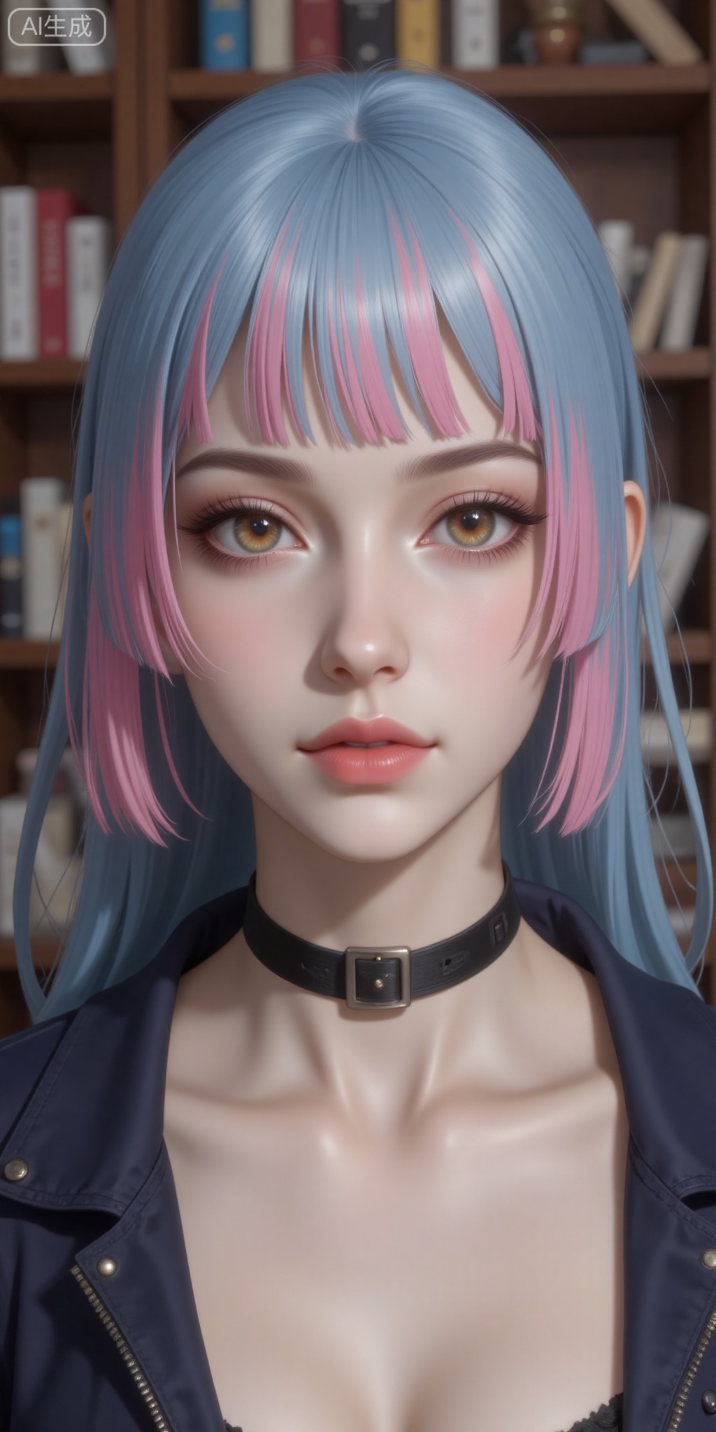 1girl, solo, long hair, looking at viewer, bangs, brown eyes, closed mouth, blue hair, collarbone, upper body, pink hair, multicolored hair, choker, indoors, blunt bangs, blurry, collar, two-tone hair, streaked hair, makeup, blurry background, bookshelf