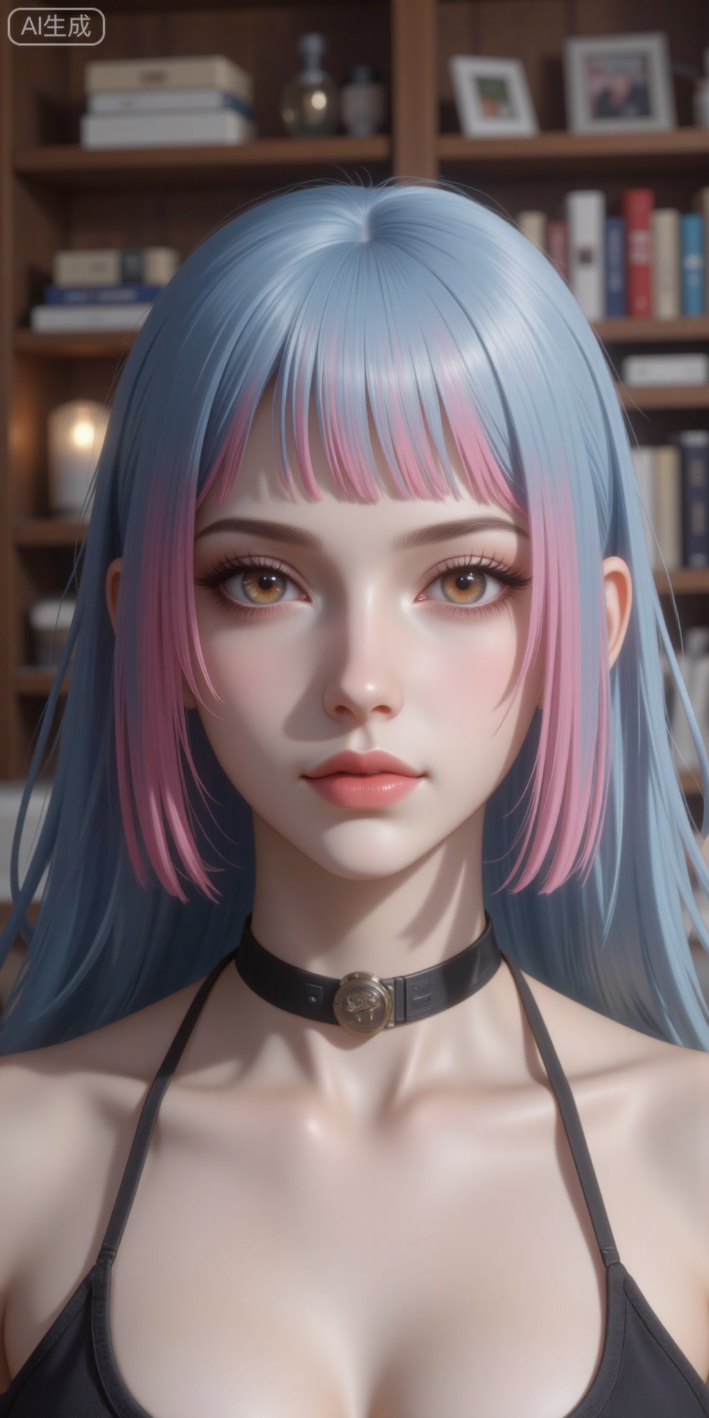 1girl, solo, long hair, looking at viewer, bangs, brown eyes, closed mouth, blue hair, collarbone, upper body, pink hair, multicolored hair, choker, indoors, blunt bangs, blurry, collar, two-tone hair, streaked hair, makeup, blurry background, bookshelf