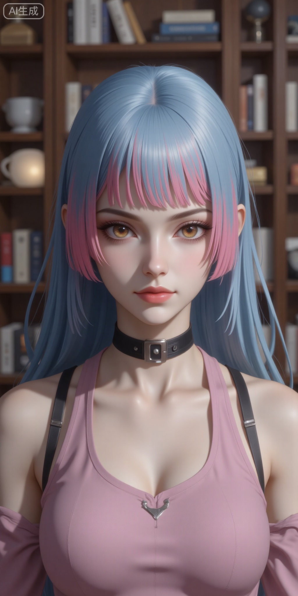 1girl, solo, long hair, looking at viewer, bangs, brown eyes, closed mouth, blue hair, collarbone, upper body, pink hair, multicolored hair, choker, indoors, blunt bangs, blurry, collar, two-tone hair, streaked hair, makeup, blurry background, bookshelf