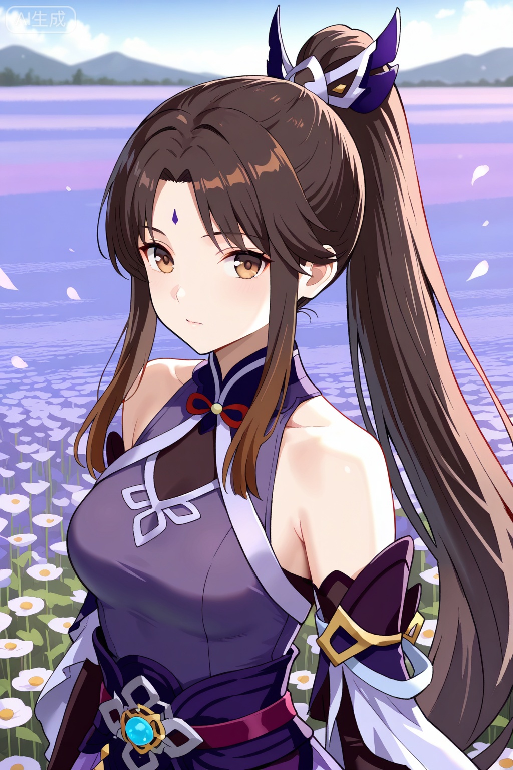 flower field,flower field,



upper body,looking at viewer,


夏凝裳,best quality,amazing quality,1girl, solo, black hair, brown hair, very long hair, ponytail, sidelocks, brown eyes, bangs, parted bangs,purple dress, purple skirt, hair ornament, forehead mark, gloves, elbow gloves, black gloves, bare shoulders, detached sleeves, long sleeves, sleeveless,