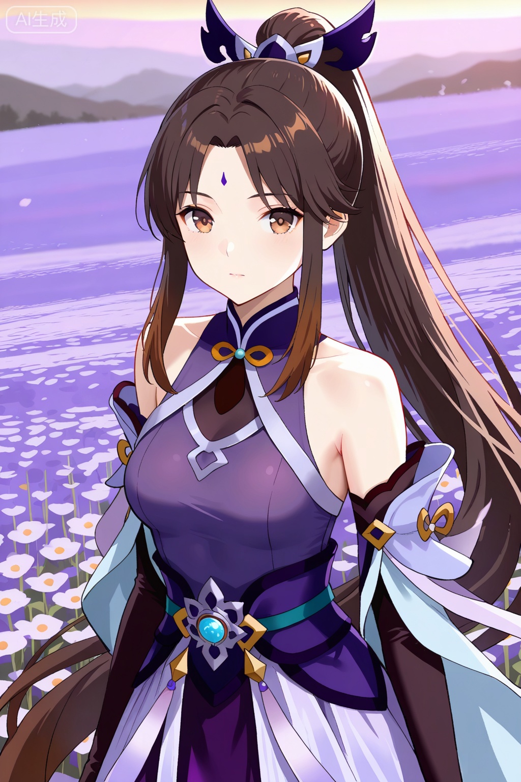 flower field,flower field,



upper body,looking at viewer,


夏凝裳,best quality,amazing quality,1girl, solo, black hair, brown hair, very long hair, ponytail, sidelocks, brown eyes, bangs, parted bangs,purple dress, purple skirt, hair ornament, forehead mark, gloves, elbow gloves, black gloves, bare shoulders, detached sleeves, long sleeves, sleeveless,