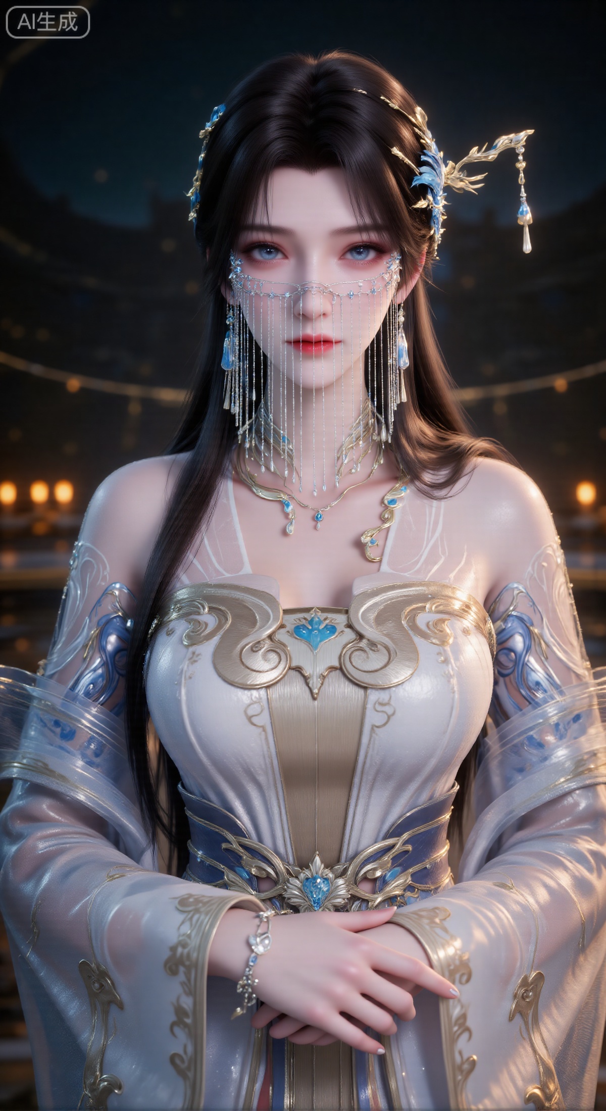 masterpiece:1.2),best quality,high resolution,unity 8k wallpaper,(illustration:1),perfect lighting,extremely detailed CG,finely detail,extremely detailed,soft lighting and shadow,soft yet striking lighting,film grain:1.2,(skin pores:1.2),(detailed skin texture:1),((solo:1.5)),Detailed face,(see-through:1.1),misty,Low Key:1.1,depth of field,(masterpiece, best quality, ultra-detailed, 8k resolution, sharp focus, 3D render, Octane render), a beautiful and gentle Eastern classical woman with long, sleek black hair, adorned with an elaborate gold and blue headdress. Her face is partially veiled by a semi-transparent curtain of delicate beaded strings, revealing only her clear, bright, and gentle eyes. She is wearing elegant, light-colored semi-transparent gauze clothing with wide, flowing sleeves, adorned with subtle patterns on the shoulders and matching jewelry (necklace and bracelets). The background is a dark night scene with a series of blurred, warm yellow circular light sources (like lanterns), creating a soft bokeh glow. The color palette is dominated by cyan-blue, off-white, and accents of gold, creating an elegant, mysterious, and dreamy atmosphere. Eye-level angle, close-up on face and upper body, extremely detailed.,anmy