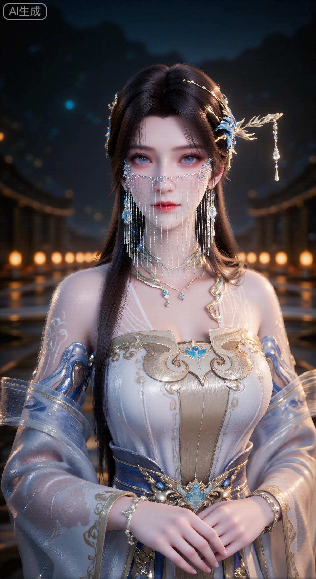 masterpiece:1.2),best quality,high resolution,unity 8k wallpaper,(illustration:1),perfect lighting,extremely detailed CG,finely detail,extremely detailed,soft lighting and shadow,soft yet striking lighting,film grain:1.2,(skin pores:1.2),(detailed skin texture:1),((solo:1.5)),Detailed face,(see-through:1.1),misty,Low Key:1.1,depth of field,(masterpiece, best quality, ultra-detailed, 8k resolution, sharp focus, 3D render, Octane render), a beautiful and gentle Eastern classical woman with long, sleek black hair, adorned with an elaborate gold and blue headdress. Her face is partially veiled by a semi-transparent curtain of delicate beaded strings, revealing only her clear, bright, and gentle eyes. She is wearing elegant, light-colored semi-transparent gauze clothing with wide, flowing sleeves, adorned with subtle patterns on the shoulders and matching jewelry (necklace and bracelets). The background is a dark night scene with a series of blurred, warm yellow circular light sources (like lanterns), creating a soft bokeh glow. The color palette is dominated by cyan-blue, off-white, and accents of gold, creating an elegant, mysterious, and dreamy atmosphere. Eye-level angle, close-up on face and upper body, extremely detailed.,anmy